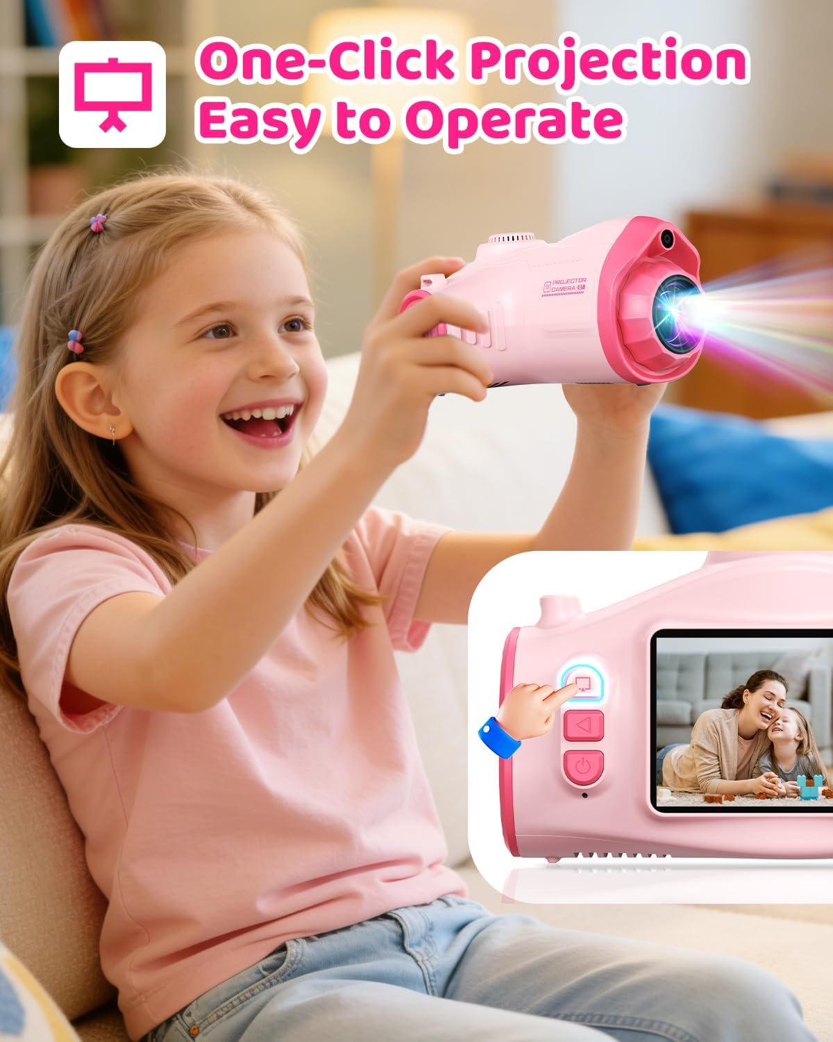 Kids Camera with Projector, 1080P Digital Video Camcorder, 48MP Photo Camera, Portable Toddler Camera Christmas Birthday Travel Gift Toy for Boys Girls Age 3 4 5 6 7 8 9 10 11 12, Pink