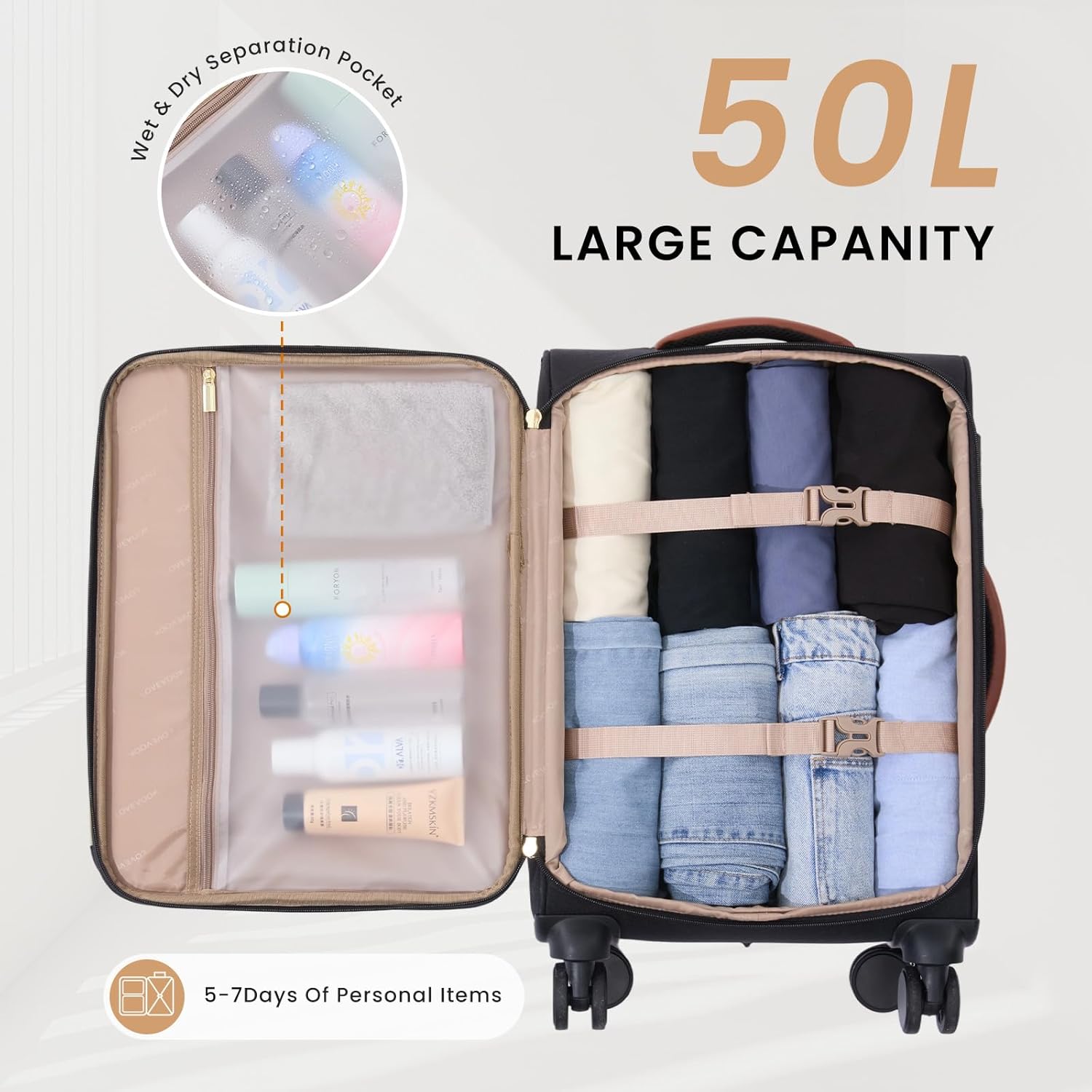 LOVEVOOK Carry on Luggage 22x14x9 Airline Approved, Large Waterproof Carry on Suitcase with 3 Packing Cubes,Lightweight Softside Underseat Travel Luggage with 360° Wheels,Laptop Compartment,TSA Lock - Image 3