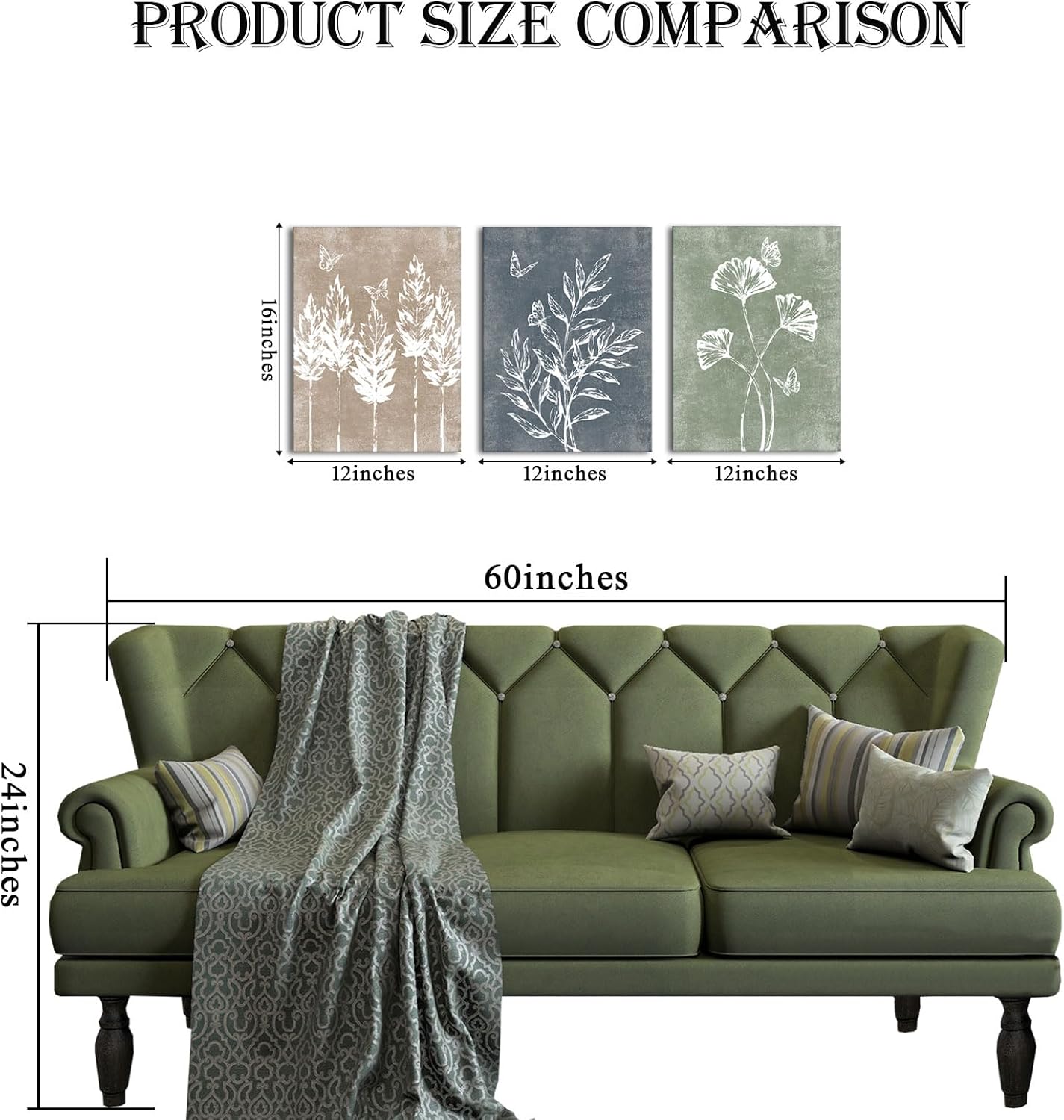 VANSEEING 3 Piece Boho Minimalist Botanical Canvas Wall Art Rustic Leaves Butterfly Painting Vintage Farmhouse Prints Modern Wall Decor for Home Kitchen Living Room Bedroom Brown Blue Green 12"x16" - Image 2