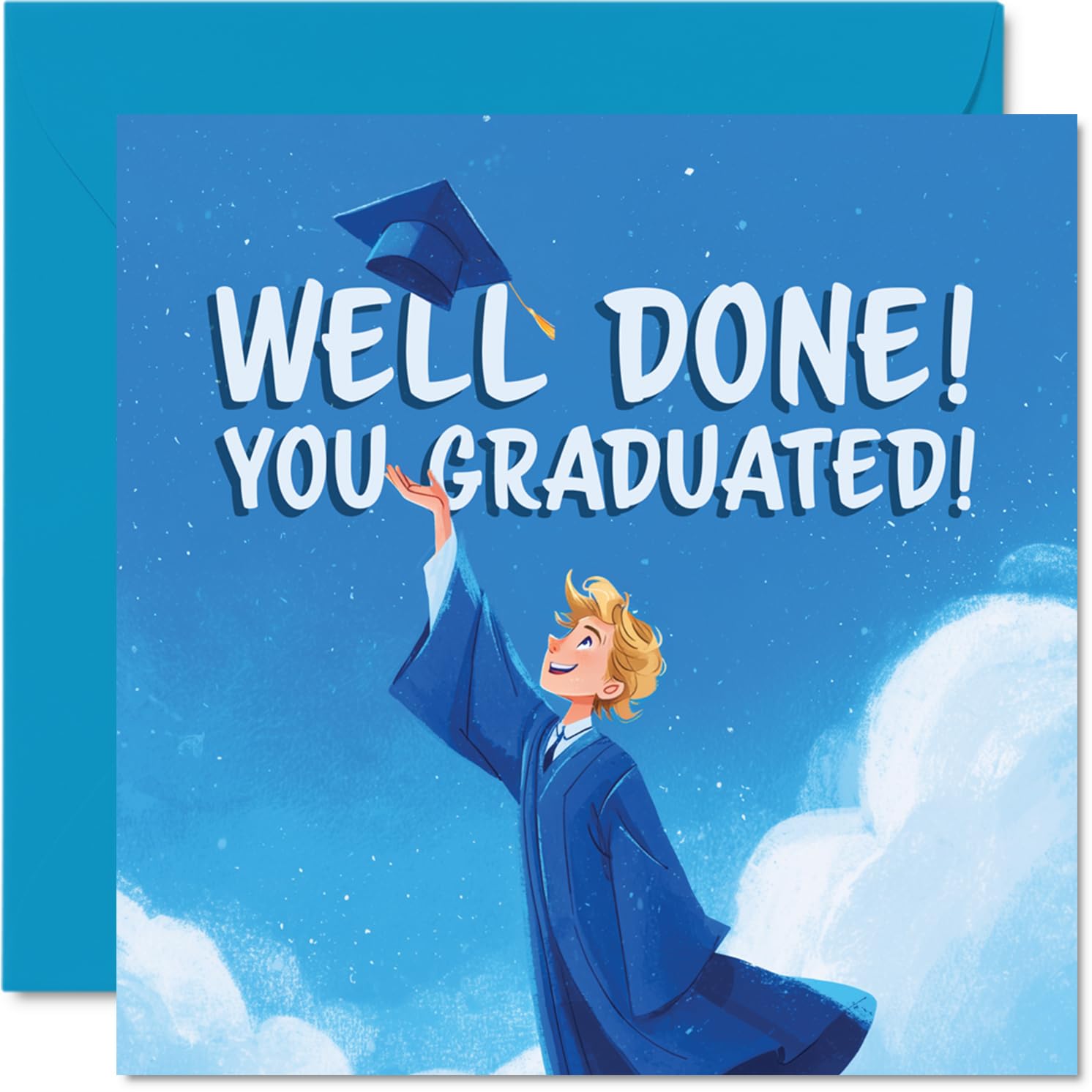 Proud Graduation Card - Hats off to Your Big Achievement - Joyful Graduate Tossing Cap Against a Vibrant Blue Sky - 145mm Square, Envelope Included