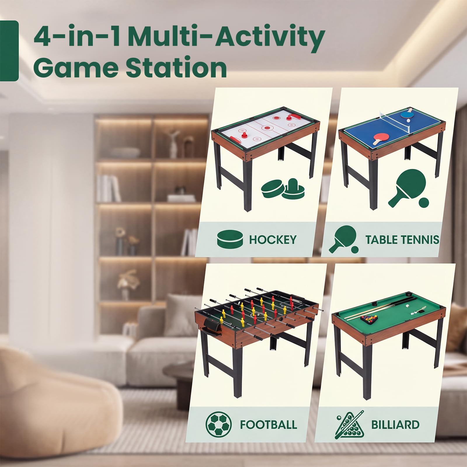 HOMASIS 4 in 1 Tavolo Multigioco con Calcio Balilla, Biliardo, Hockey e Ping Pong, Tavolo da Gioco in Legno per Bambini e Adulti con Accessori, Calcetto da per Casa, Bar, Ufficio