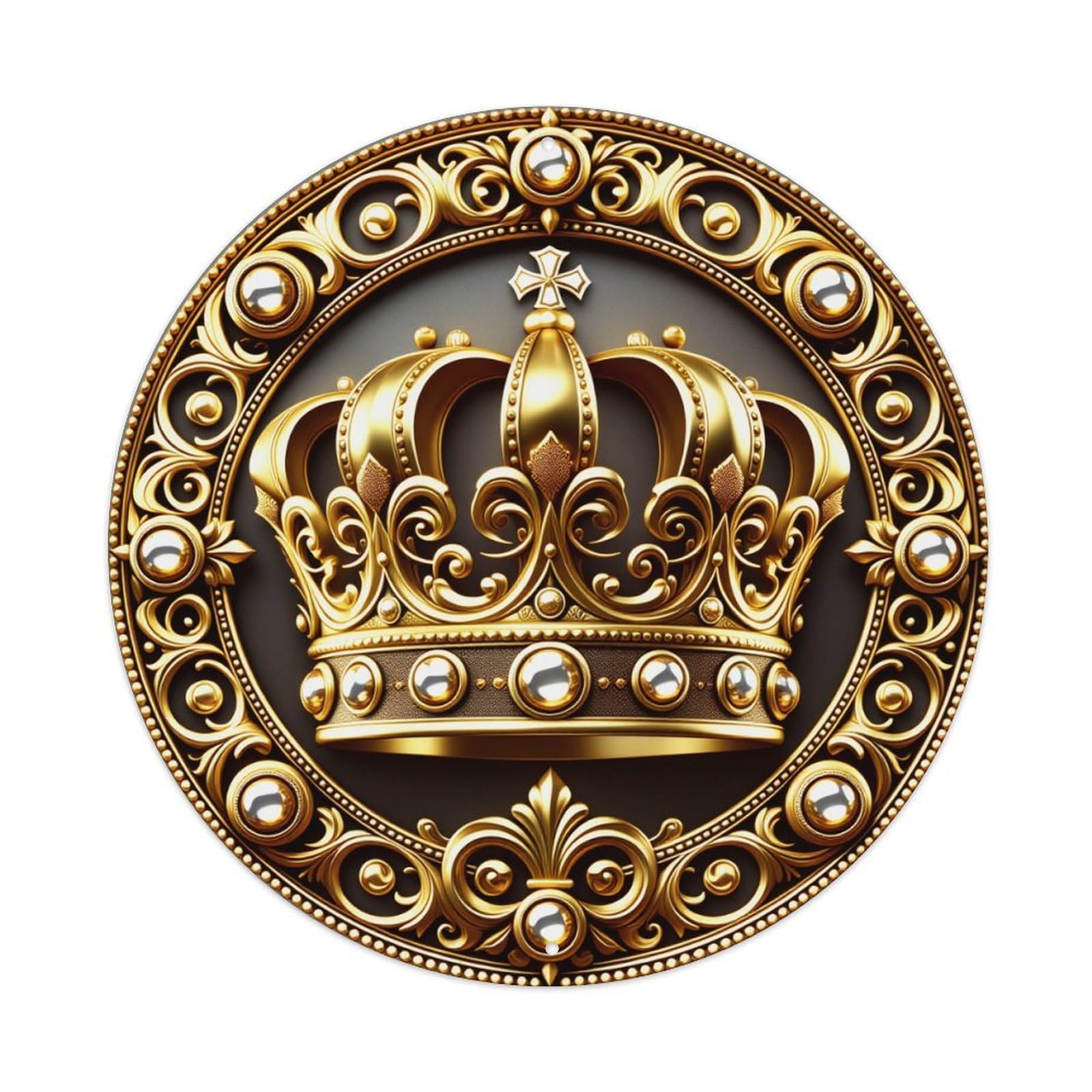 Golden Crown Ornate Circular Design Round Tin Sign Vintage Metal Poster, Home Bar Garage Man Cave Cafe Indoor & Outdoor Wall Decoration 8x8Inches