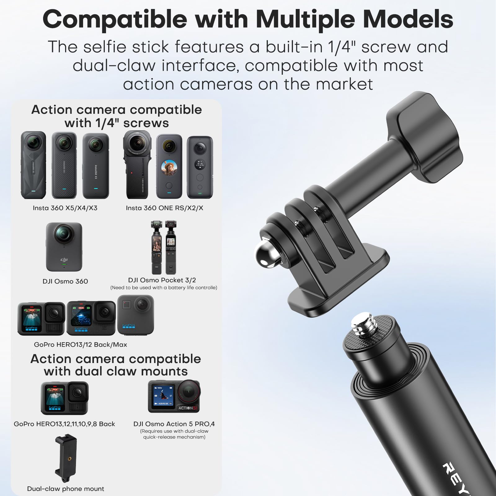 REYGEAK 130 cm kijek do selfie, aluminiowy, niewidoczny kijek do selfie, do montażu statywu z adapterem, Extendable Handheld Pole Stick Monopod kompatybilny z DJI Osmo 360/Pocket 3/Action, Insta-360