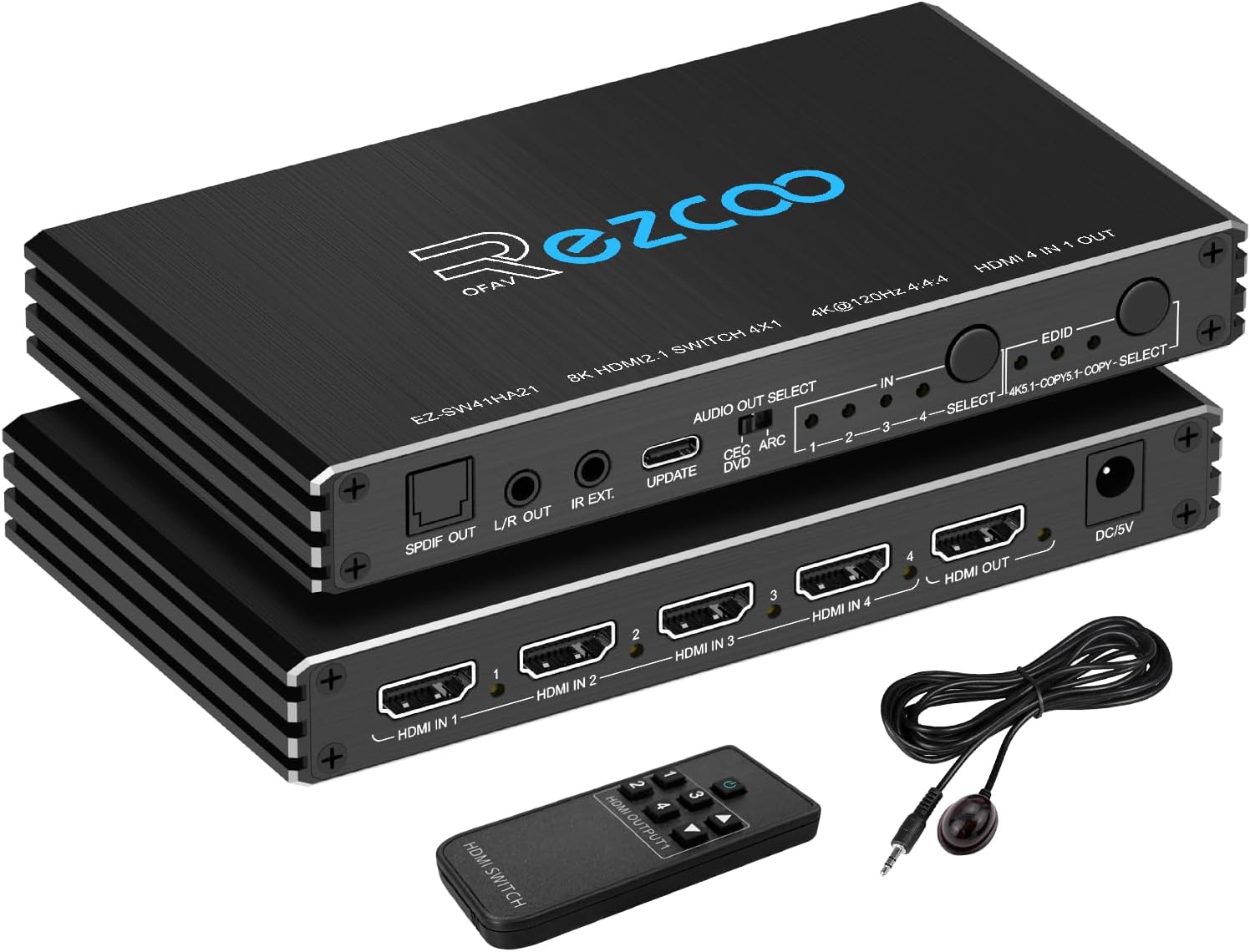 8K 60Hz HDMI 2.1 Switch 4x1 4K 120Hz 48Gbps ARC VRR CEC SPDIF L/R Audio Extractor Dolby Atmos - HDMI Switcher4 in 1 Out IR Remote, 4 Port Selector for TV PS5 Xbox Fire Stick Roku Projector SW41HA21