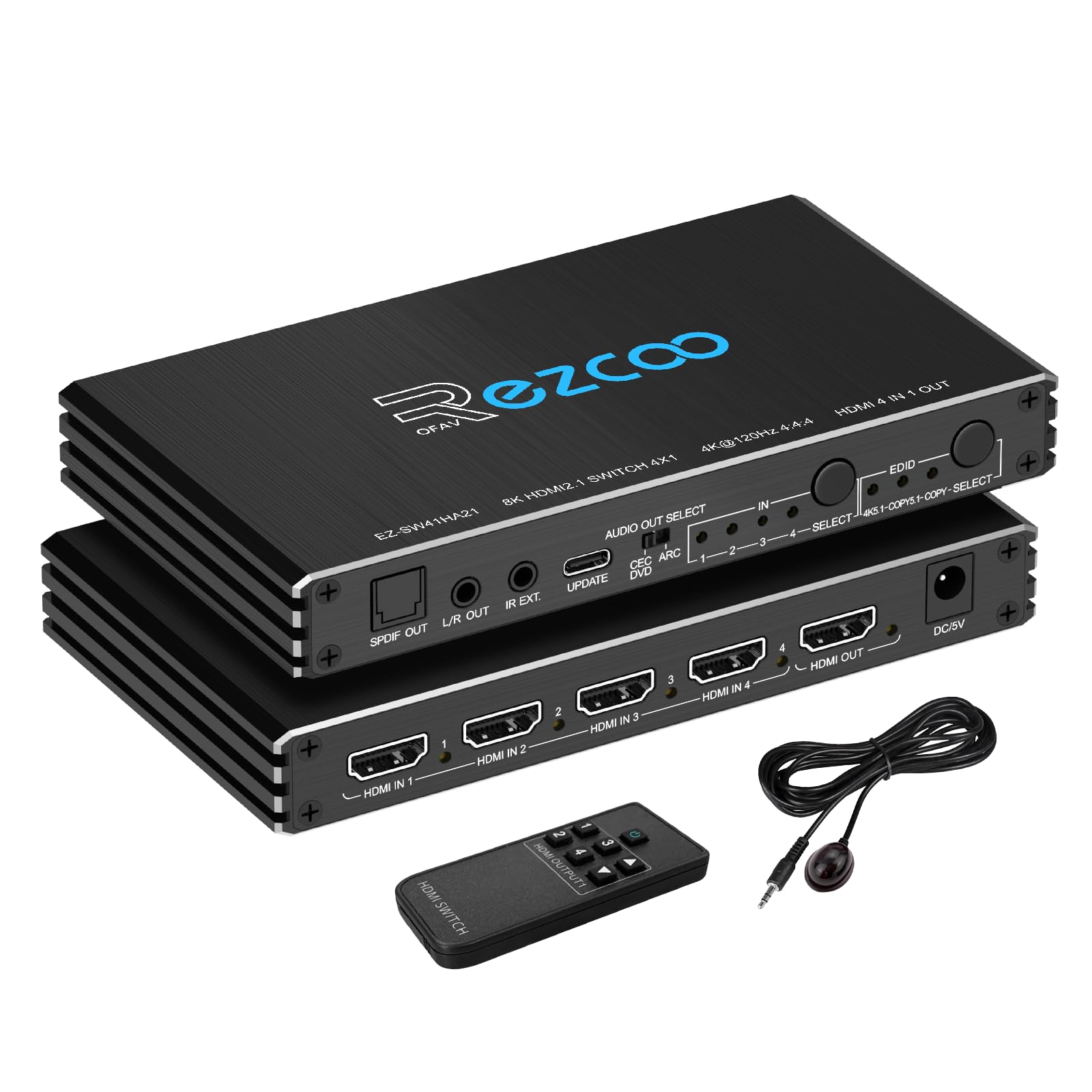 8K 60Hz HDMI 2.1 Switch 4x1 4K 120Hz 48Gbps ARC VRR CEC SPDIF L/R Audio Extractor Dolby Atmos - HDMI Switcher4 in 1 Out IR Remote, 4 Port Selector for TV PS5 Xbox Fire Stick Roku Projector SW41HA21