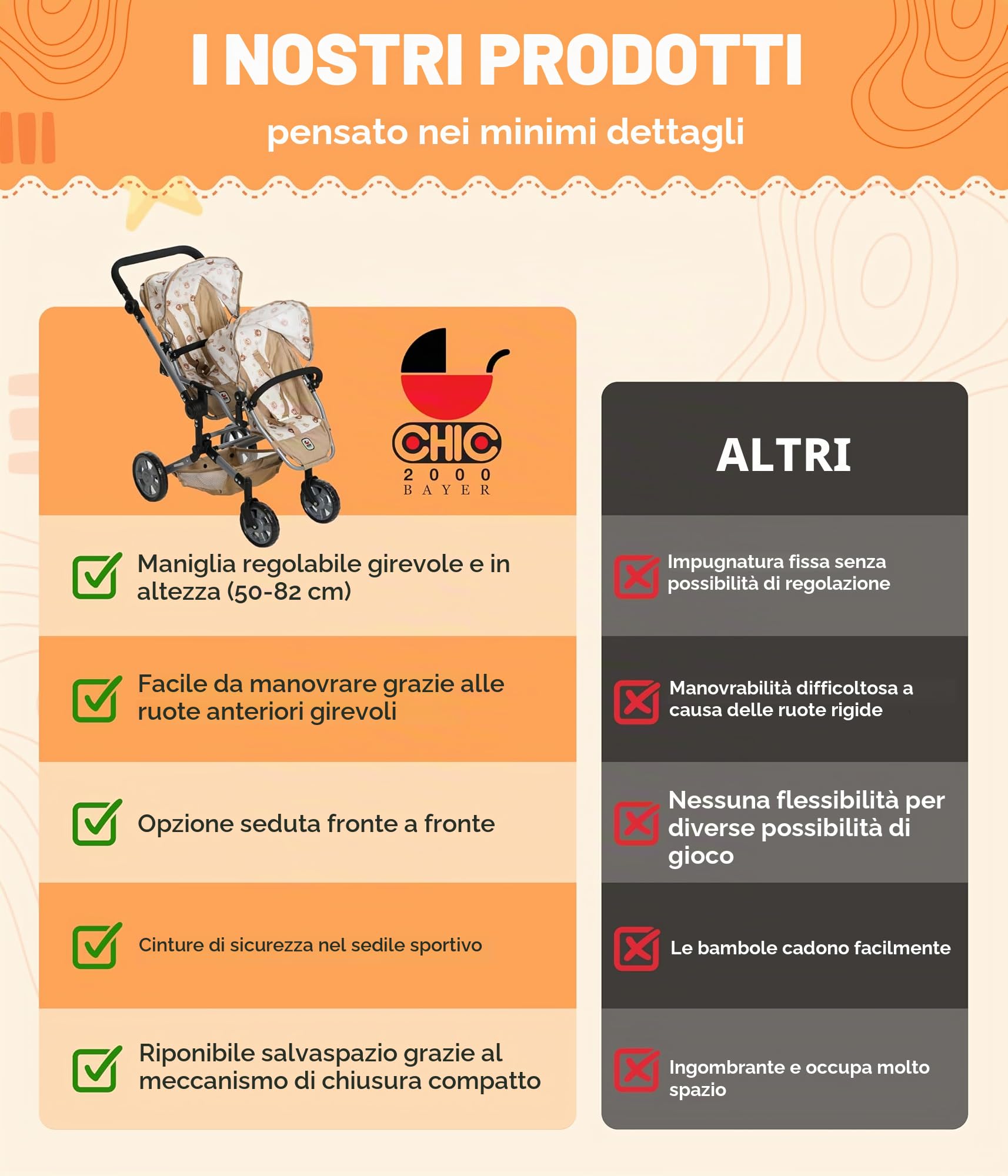 Bayer Chic 2000® Passeggino per bambole Linus Duo – Orsetto Beige – Passeggino pieghevole per bambole – Manico regolabile 50 – 82 cm – Bambole fino a 50 cm – 4 – 8 J
