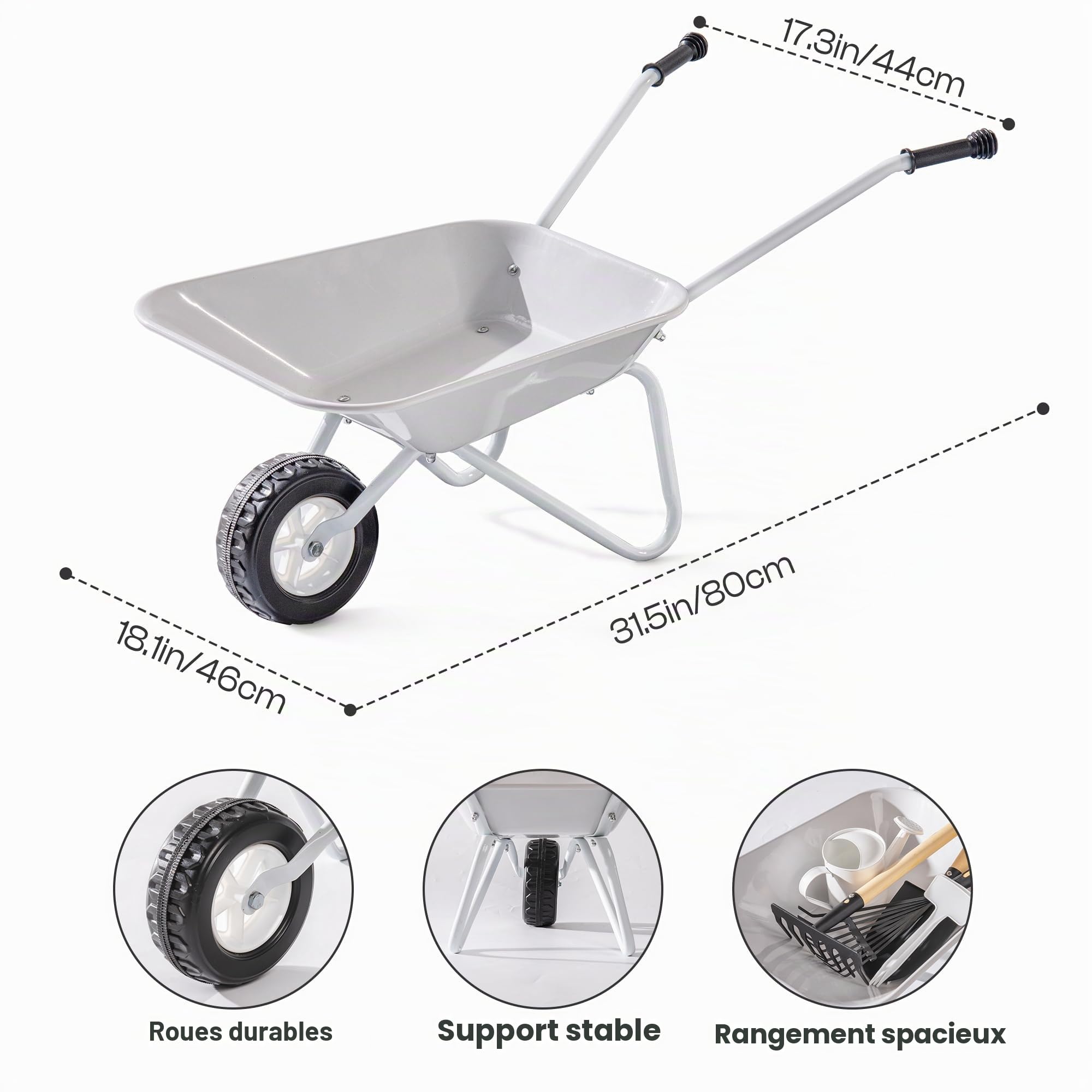ROBOTIME Brouette et outils de plantation en métal pour enfants, 5 pièces, gris-noir, avec poignée réglable en bois de pin, arrosoir, râteau, pelle, pour garçons et filles à partir de 3 ans