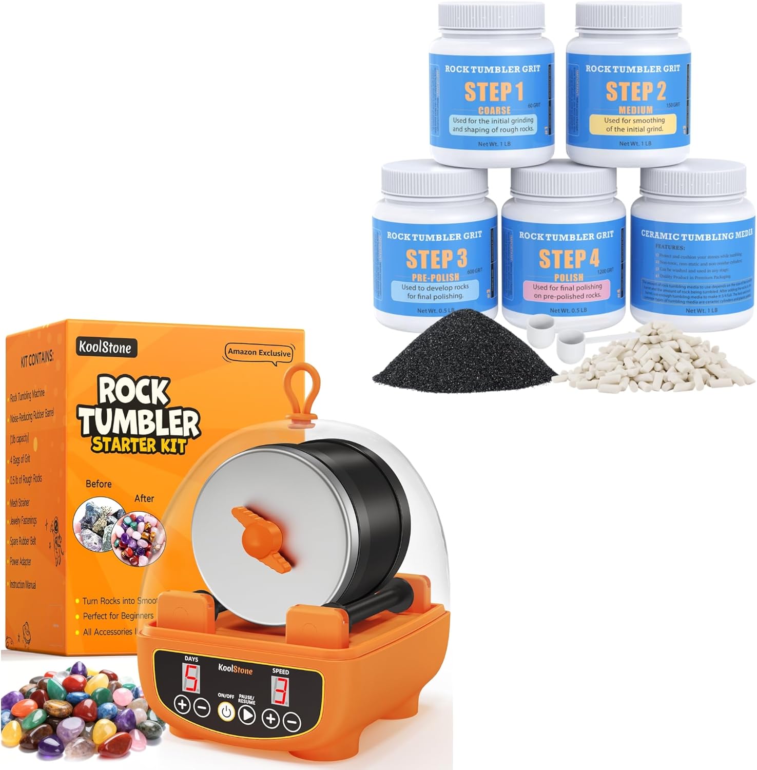 C5 Starter Rock Tumbler Kit – Dual Noise-Reduction, Complete STEM Rock Polishing Kit for Kids & Beginners + 4 lbs Polishing Grit & Ceramic Media – Essential 4-Step Refill Kit