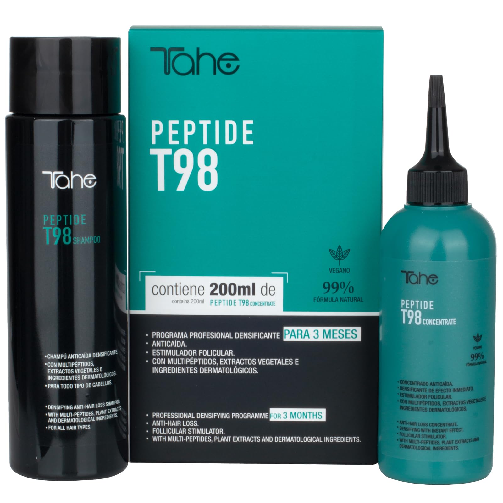Tahe Peptide T98 Pack Programa anticaída del cabello para 3 meses: Tratamiento concentrado 200 ml + Champú anticaída 300 ml
