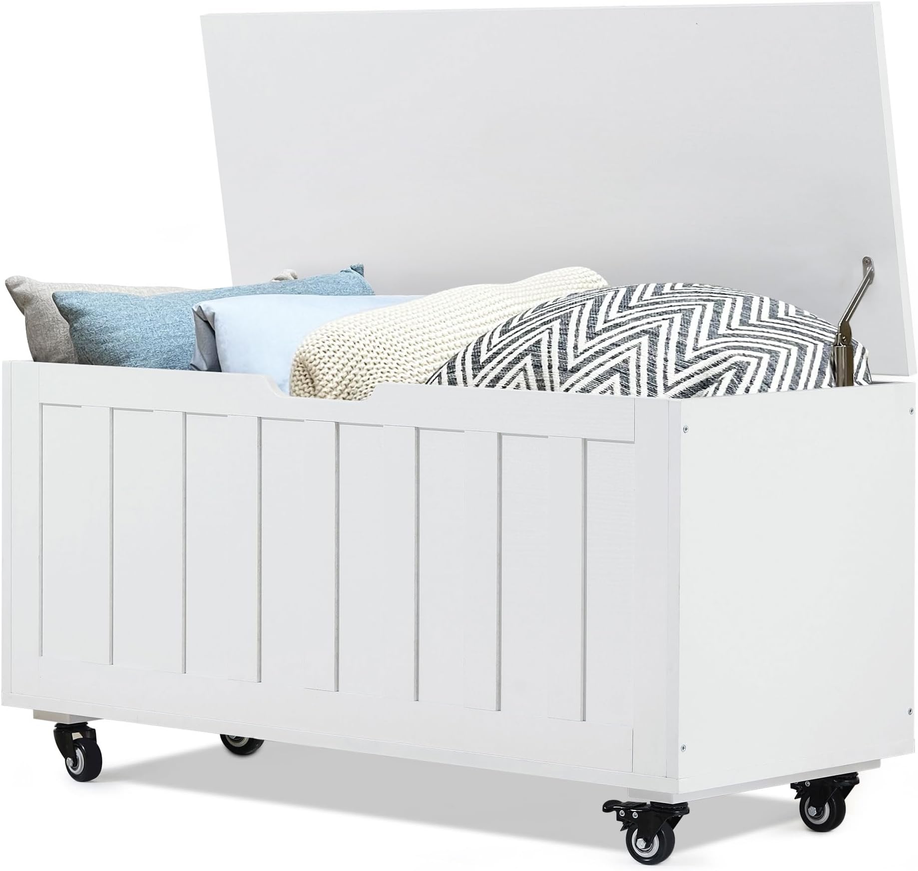 EvajoyStorage Chest, 39.4'' Wooden Storage Bench with 4 Wheels, Shoe Bench with 2 Safety Hinges, Retro Toy Box Organizer Support 300 lbs for Bedroom, Living Room, Easy Assembly, White