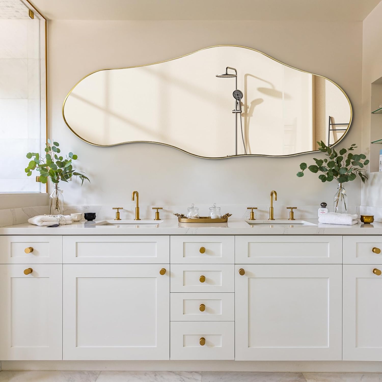 Large Asymmetrical Mirrors, Gold Irregular Shaped Mirror, 55"x22" Abstract Wall Mirror Decorative, Modern Funky Mirrors Full Length for Living Room Bathroom Bedroom Hallway Entryway Fireplace Gold 55"L x 22"W