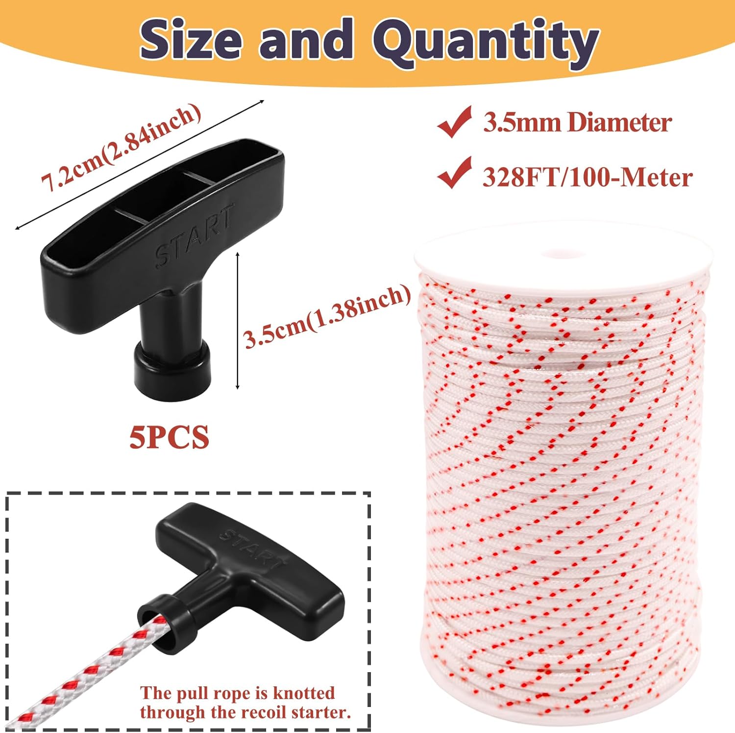 3.5mm 100-Meter Recoil Starter Rope Pull Cord with 5 Pack Handle for Craftsman Chainsaw Lawn Mower Trimmer