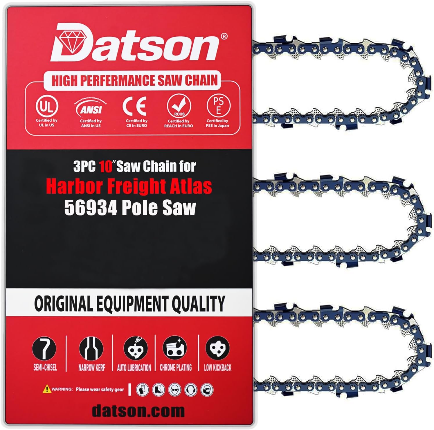 3PC 10 Inch Pole Saw Chain for Harbor Freight Atlas 56934, 10" Polesaw Chain for Makita EY401MP EY2650H25H, Chainsaw Chain for Poulan PLN1510 and Echo Models - 3/8" - .050" - 39 Drive Links