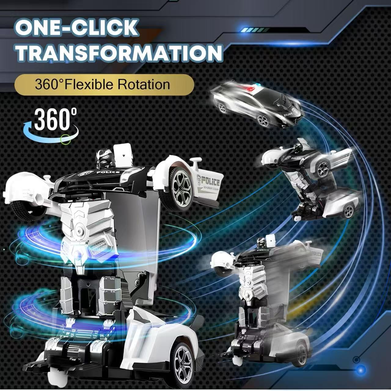 Transforming Remote Control Car, 2.4Ghz Transform Robot Toys for Boys 3-8 Years Old, 2 Rechargeable Batteries, RC Police Car with Lights, Deformation 360°Rotating Race Kids Toys Gifts