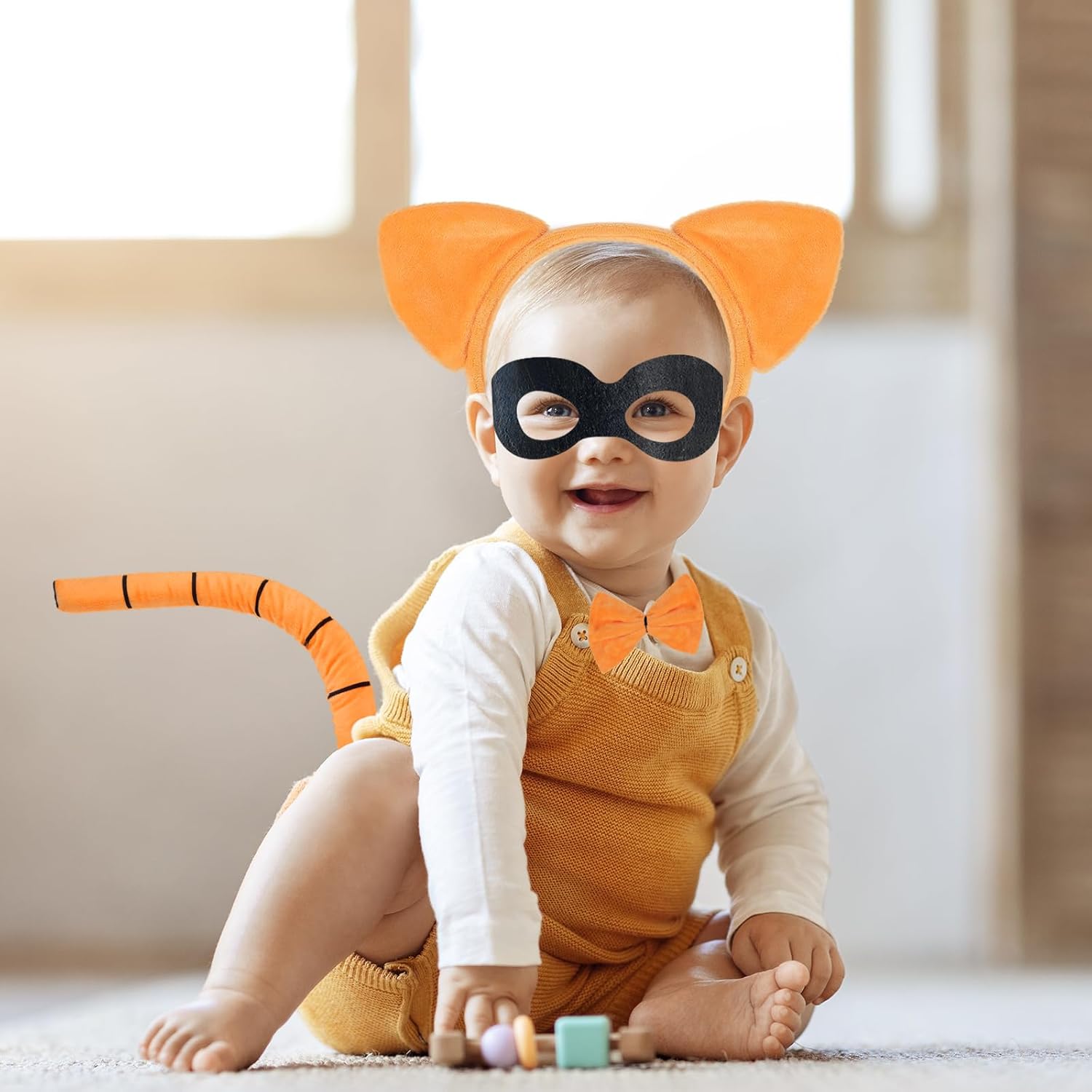 4Pcs Orange Cat Costume Accessories - Orange Cat Ears Headband Tail Bow Tie Black Mask for Book Day Cosplay Supplies - Image 6