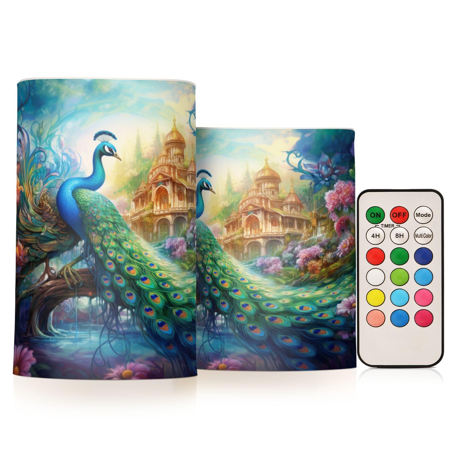 ALAZA Peacock in A Garden and Floral Flickering Flameless Candles Battery Operated with Remote Timer,Tea Light Candles LED Pillar Votive Candles Set of 2 for Outdoor Indoor Decorations