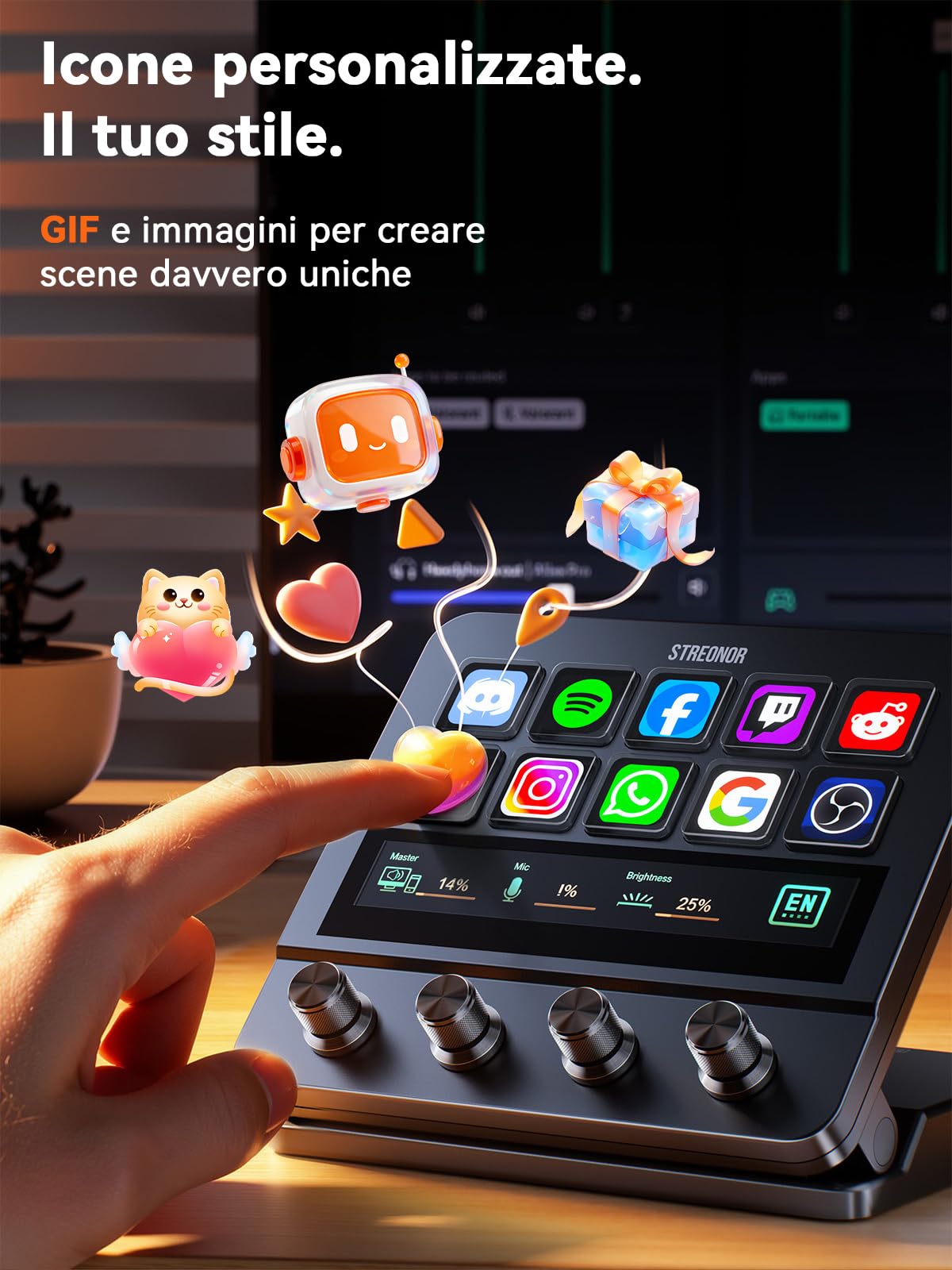 STREONOR Stream Control Deck Pro S10 con 10 tasti Touch Bar 4 manopole | Stream Controller per OBS, Twitch, Discord, ecc., ideale per streaming, editing video e gaming, compatibile Mac/Windows