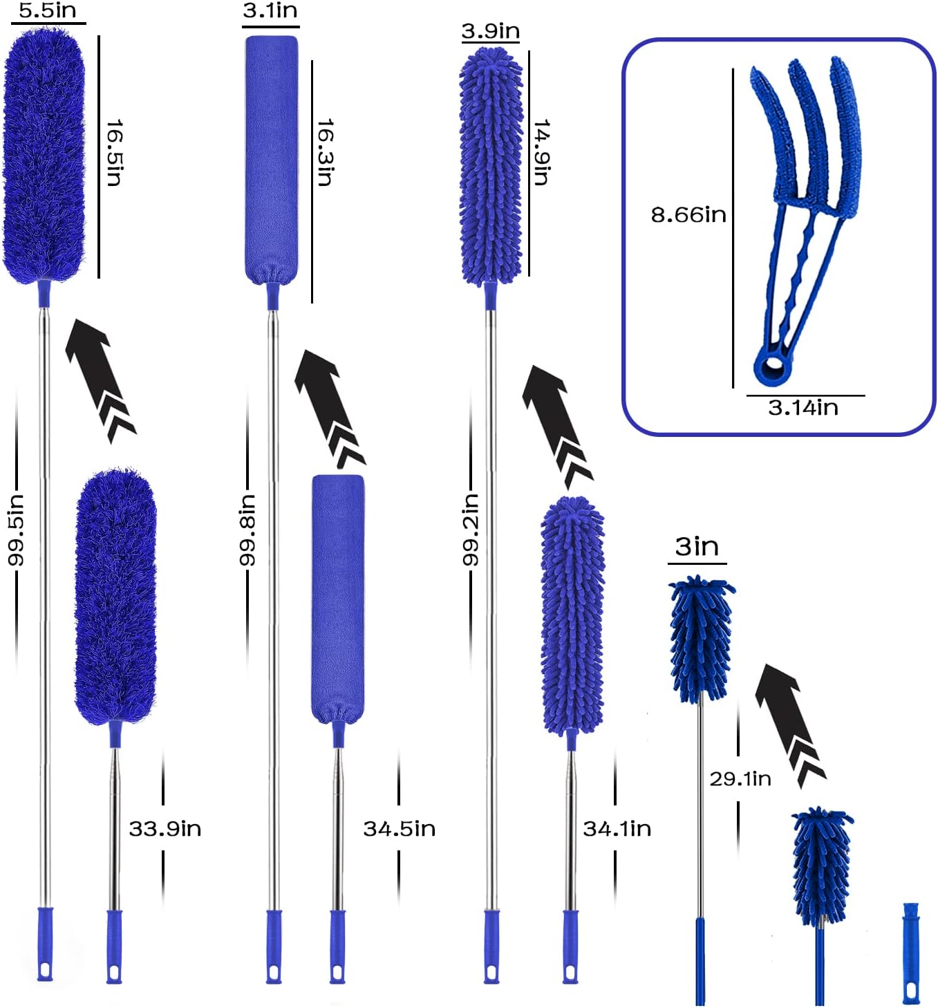 Buysenton Microfiber Duster, 8PCS Feather Duster with 100 Inch Telescoping Extension Pole, Reusable Bendable Dusters, Washable Lightweight Dusters for Ceilings Fans(2023 UAGRED)