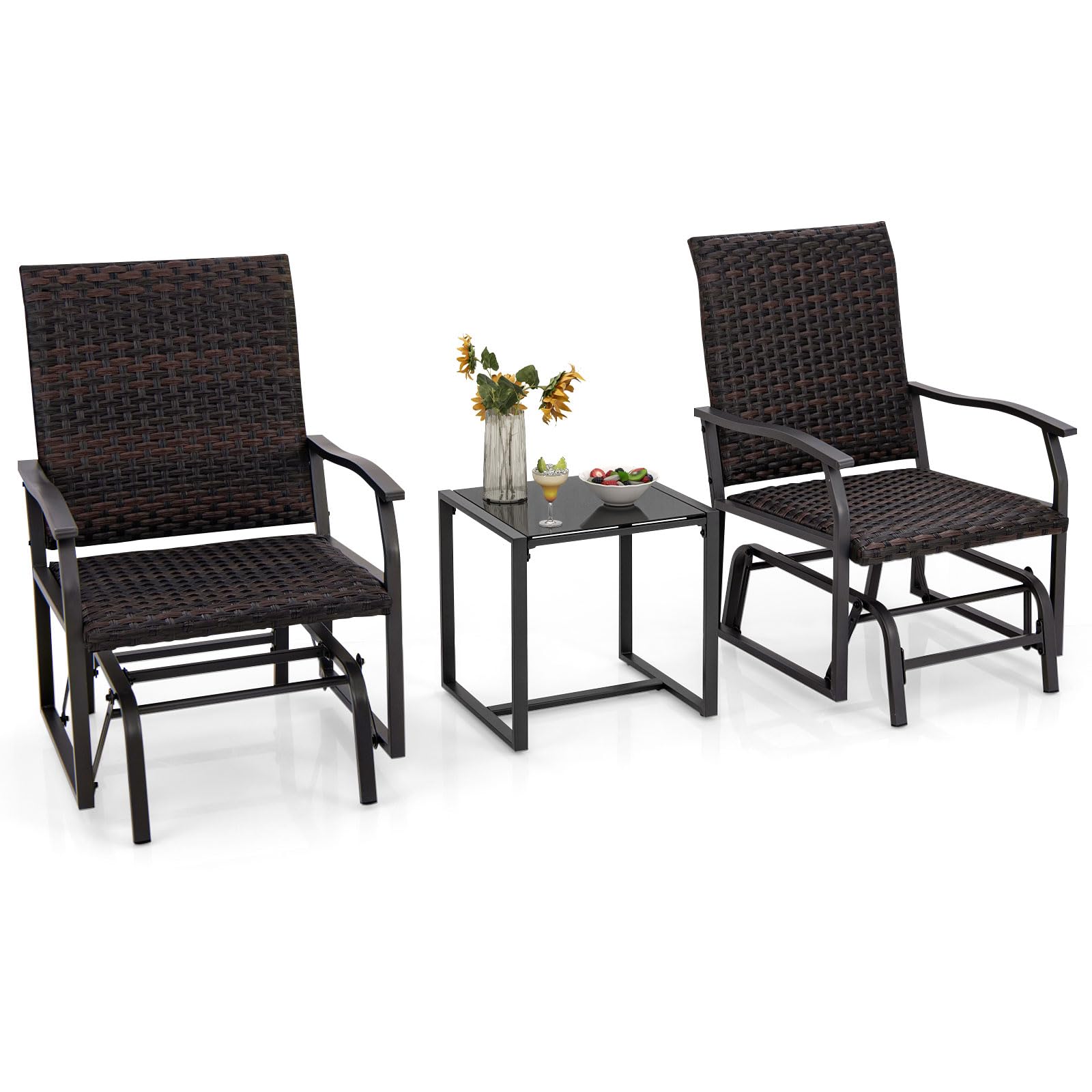 COSTWAY 3-Piece Rattan Rocking Bistro Set, Metal Frame Garden Gliding Chair Set with Tempered Glass Coffee Table, Wicker Swing Glider Furniture Set for Patio, Poolside and Front Porch