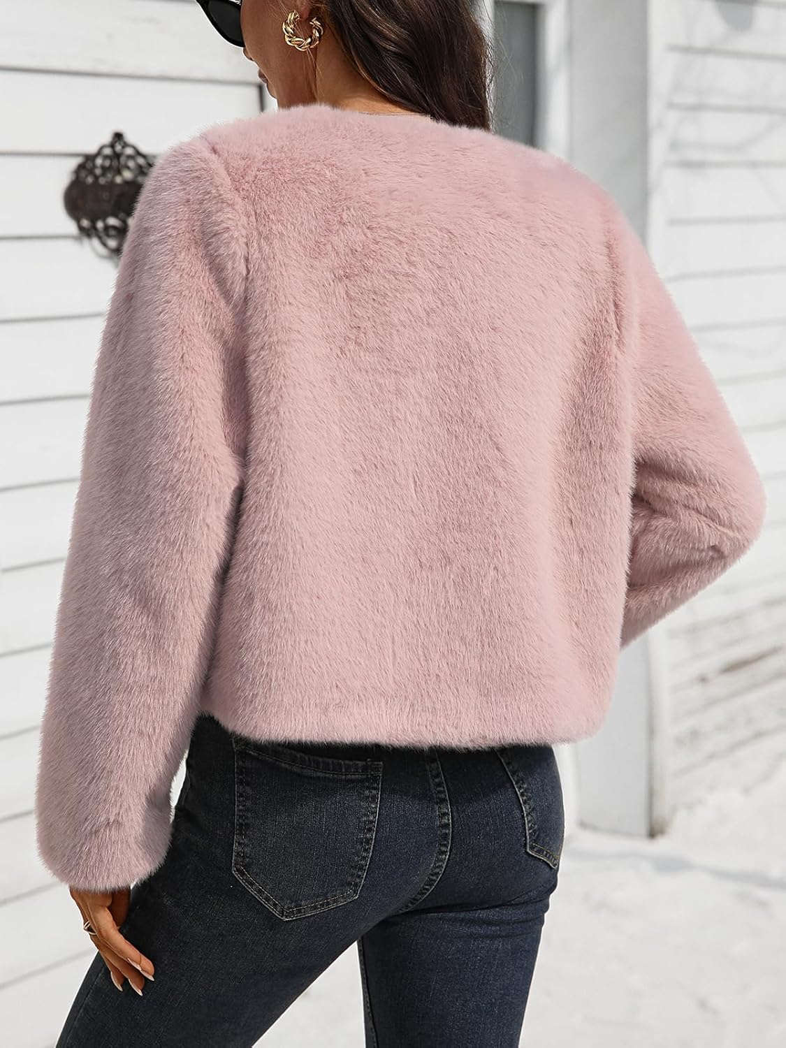 Women's Faux Fur Cropped Jacket Crew Neck Long Sleeve Oversized Shrugs for Dresses Fluffy Coats Pocket Winter - Image 3