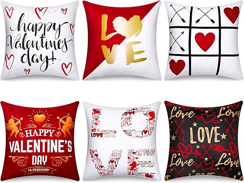 Juego de 6 fundas de almohada para el día de San Valentín de 18 x 18 pulgadas, fundas de cojín cuadradas decorativas para sofá, cama, hogar, sala de