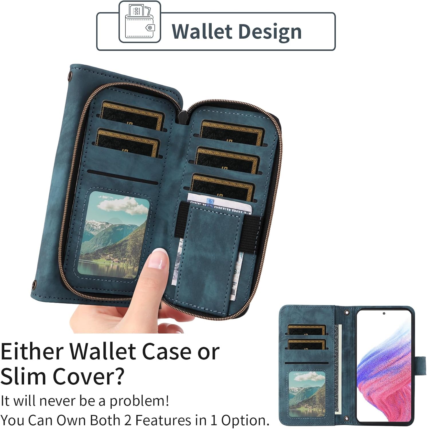 Phone Case for Samsung Galaxy A53 5G Wallet Cell Cover with Tempered Glass Screen Protector Crossbody Lanyard Strap Flip Stand Zipper Purse Card Holder Slot A 53 G5 53A SM A536U 6.5" 2022 Women Blue