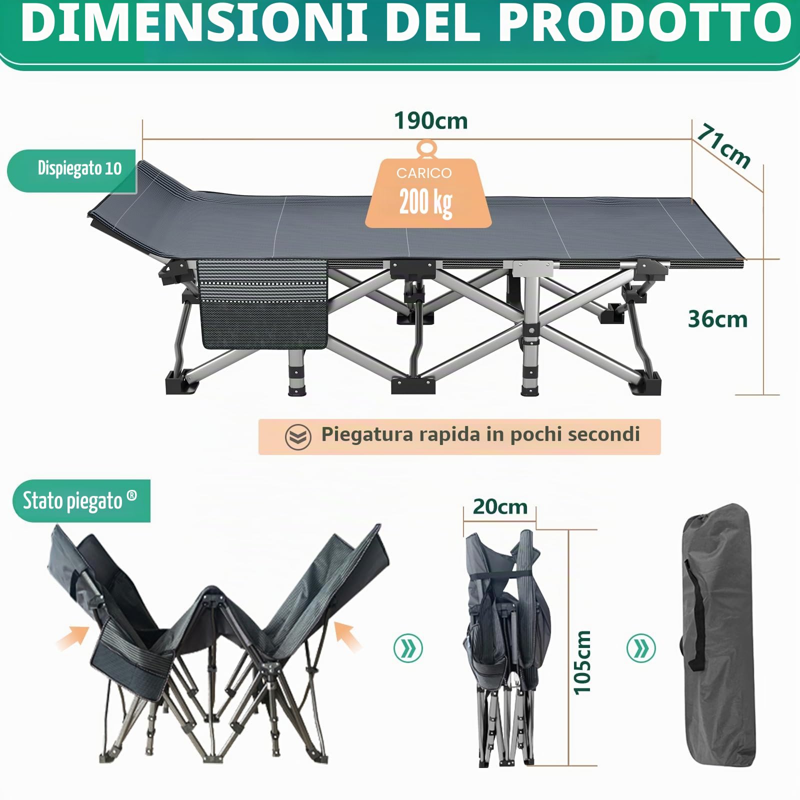 190x71x36CM Letto da campeggio Pieghevole per Adulti, con Cuscino e Tasca laterale, Struttura in acciaio + Tessuto Oxford