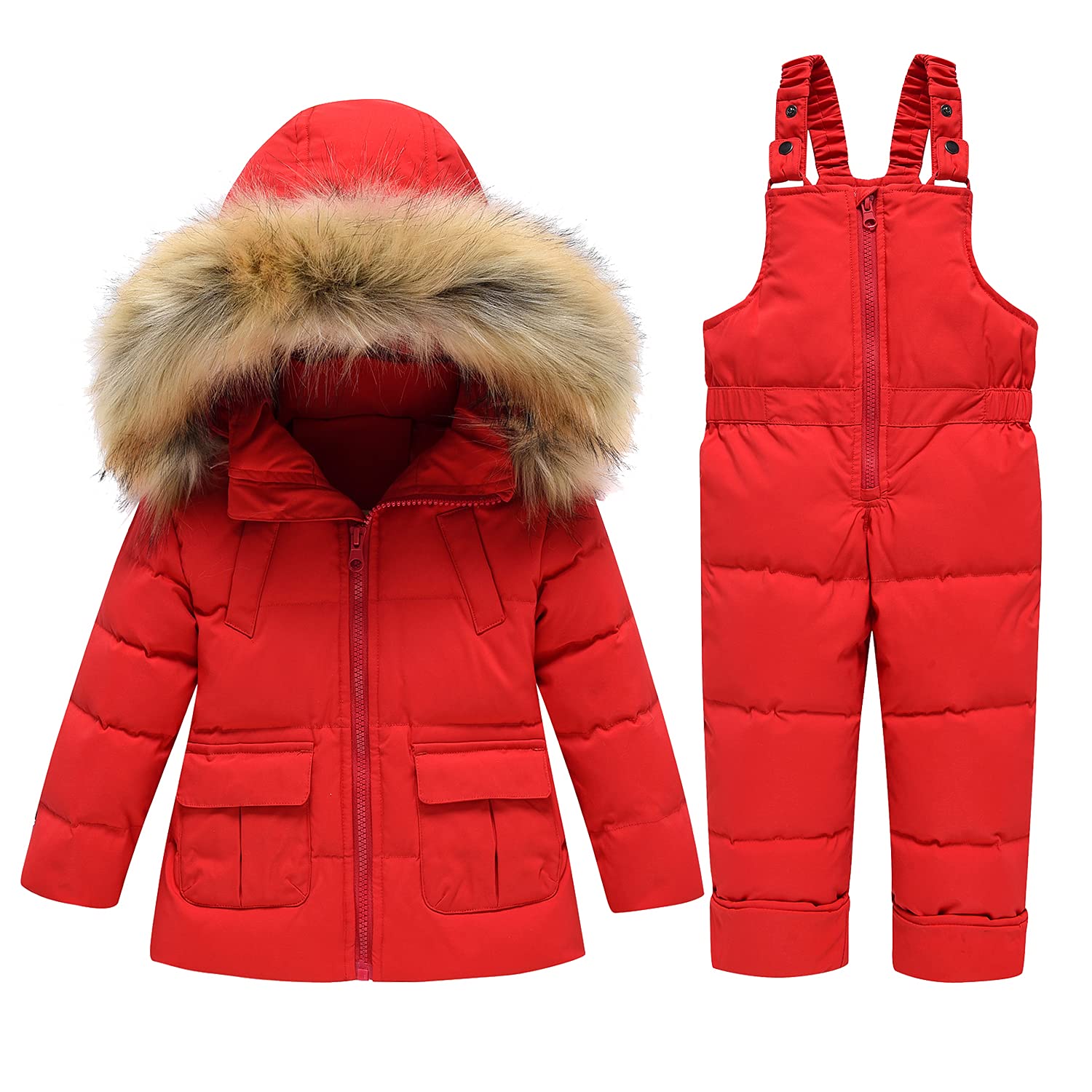 SANMIO 2 Piezas Conjunto de Esquí Niño Niña Chaqueta de Plumas Piel Artificial Chaqueta con Capucha + Prueba de Viento Pantalones de Babero para Trajes de Invierno Cálido para Bebés