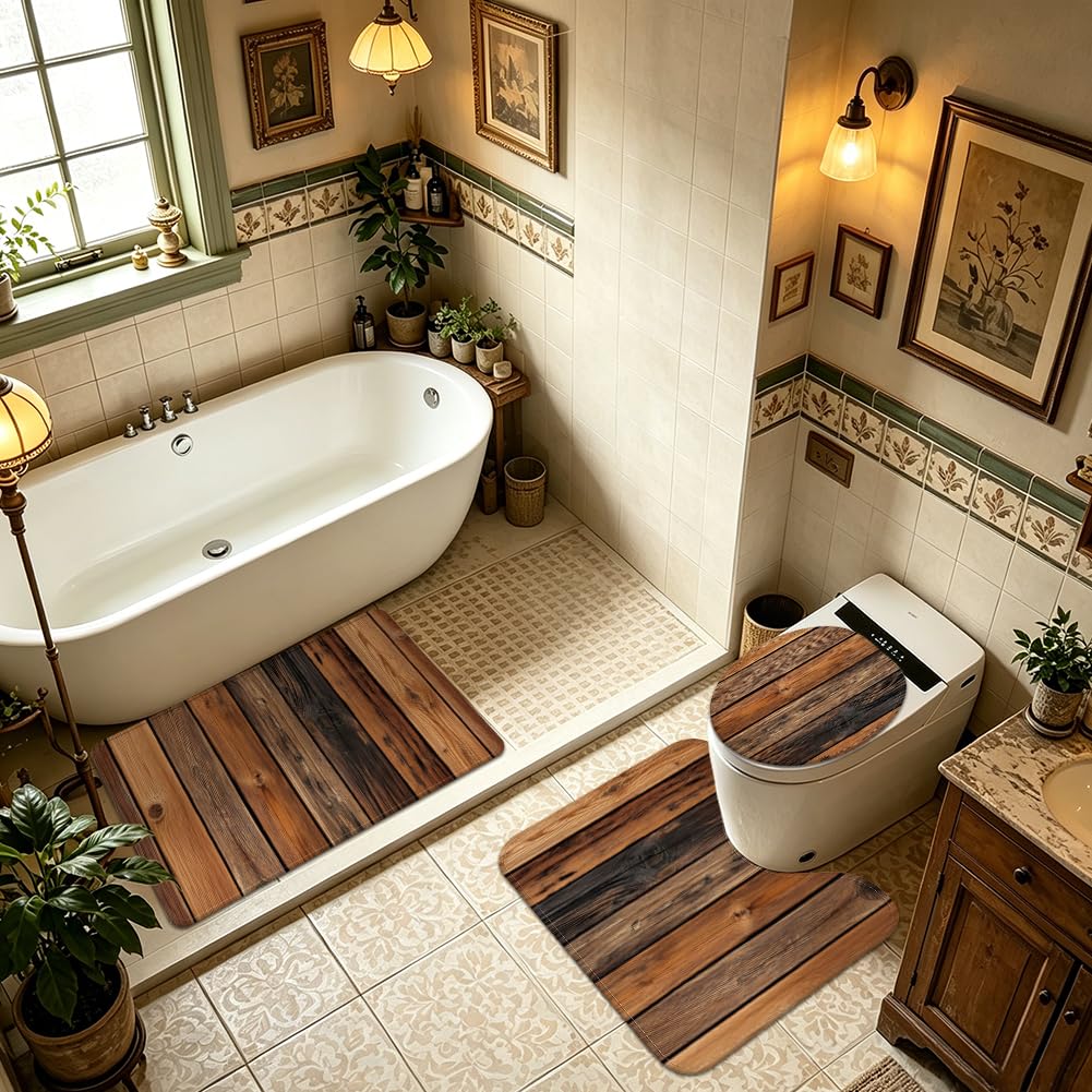 Set di 3 tappeti da bagno rustici, decorazione rustica, antiscivolo, con tappeto a forma di U e copriwater lavabile, per il bagno, arancione-marrone
