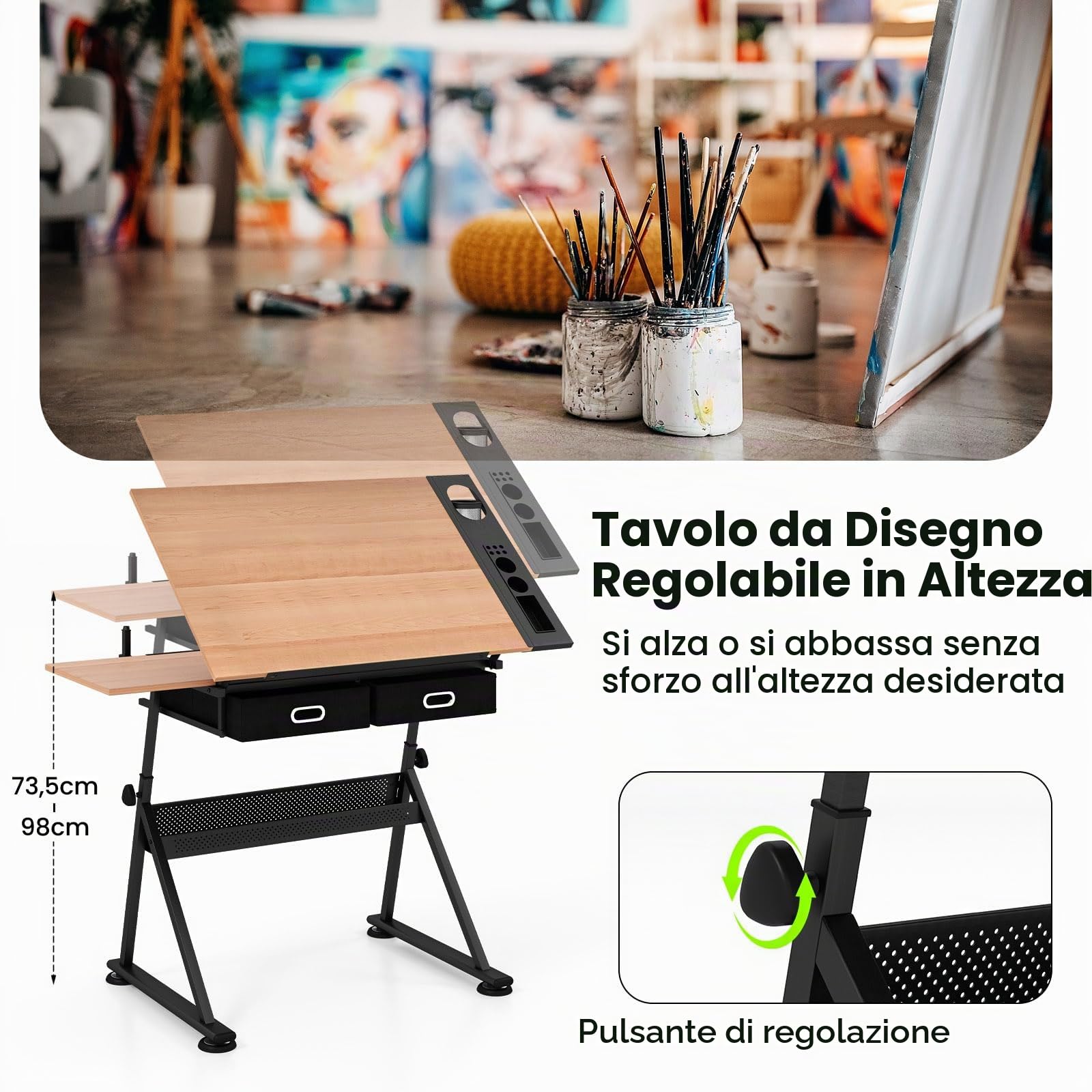 COSTWAY Tavolo da Disegno, Scrivania per Arte Inclinabile e Regolabile in Altezza con Sgabello, Cassetti, Portapenne e Ripiano, Ideale per Disegnatore, Pittore e Ingegnere (Naturale)