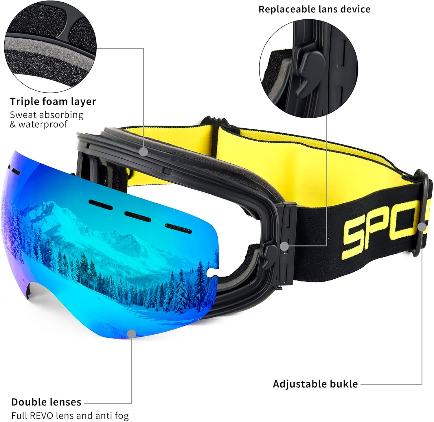 SPOSUNE Ski Goggles Over Glasses - Snow Goggle for Men Women Youth Snowboard Skiing - UV400 Anti-Fog Snowmobile Goggles