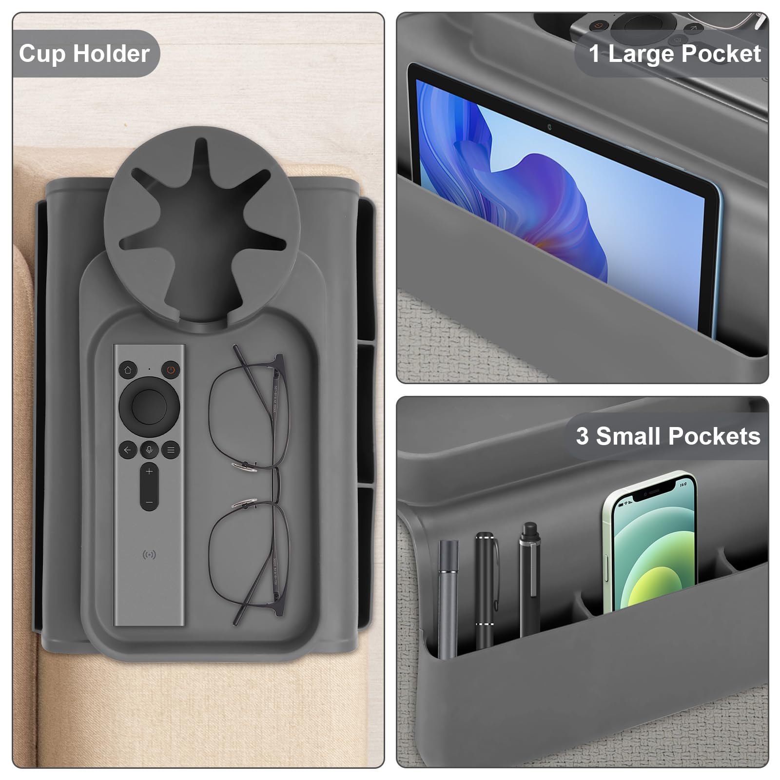 Armlehnen Tablett aus Silikon, Sofatablett mit 2 Seitentaschen, Anti-Spill & Anti-Rutsch, Große Speicherkapazität für Tasse, Telefon, Tablet, Snacks, Grau