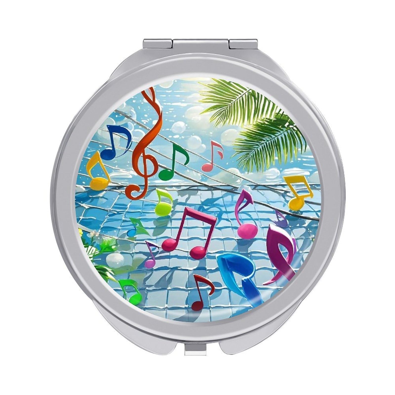 FekiLoot Musical Notes Travel Makeup Mirror for Women Folding Portable Hand Compact Mirrors Small Round Vanity Mirror 1X/2X Magnifying Metal Pocket Makeup Mirrors