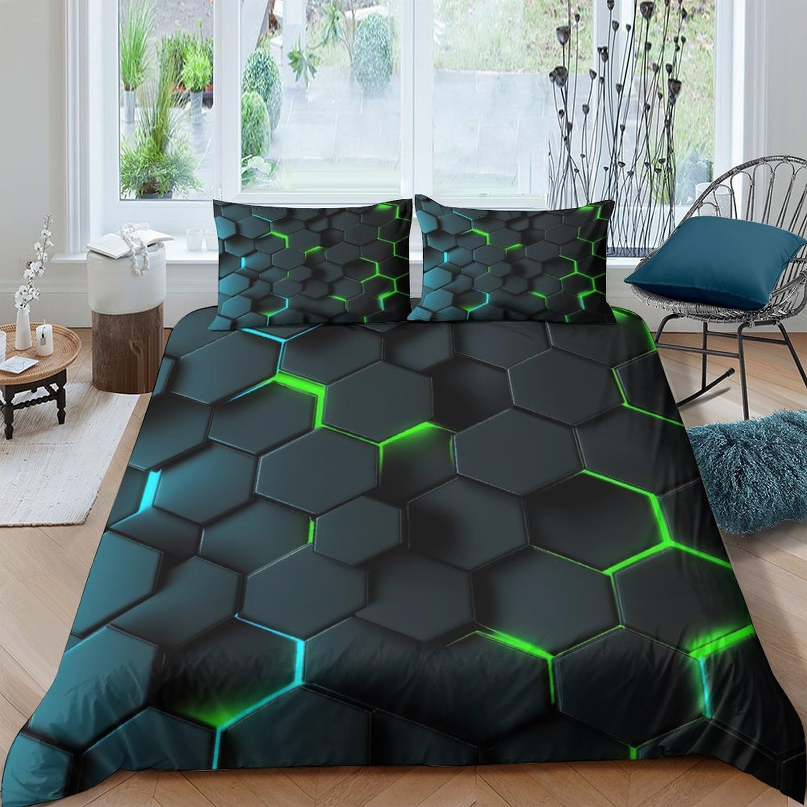 Ctjqhvkz Style-5 3D Printed Hexagon Neon Fitted Sheet Microfiber Soft Bedroom Decor Green Geometric Mattress Cover Anti-Slip Easy Care Single（135X200cm）