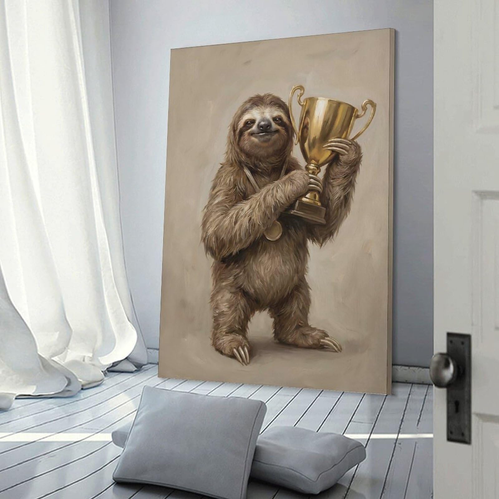 Junmoney Victorious Sloth with Golden Trophy Wall Picture Print 24x36inch(60x90cm), for Bedroom Decor, Cosy Corners Or Studios, Home Artwork with A Soft Interior Feel