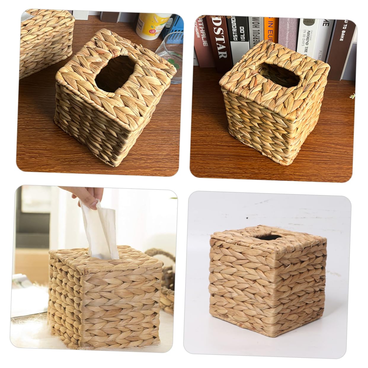 IMIKEYA Cestino Porta Fazzoletti Rettangolare Intrecciato Mano in Giunco Naturale Contenitore Di Tessuti Decorativo Per Casa Stile Country Organizer Salvaspazio Per Desktop