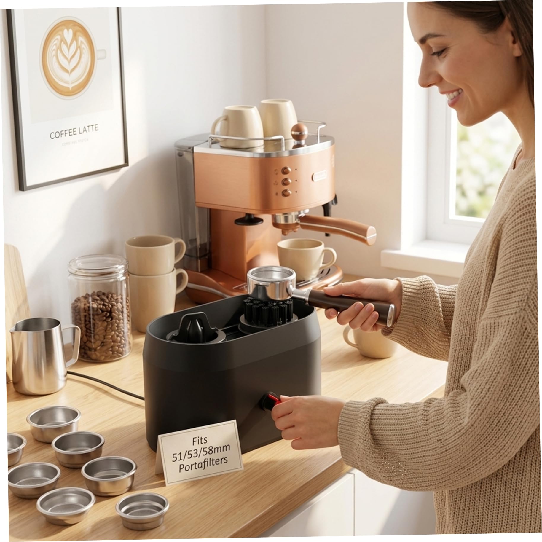 Limpiador automático de portafiltros, kit de limpieza de portafiltros de café Limpiador automático con cepillo dedicado y soporte estable para de espresso.