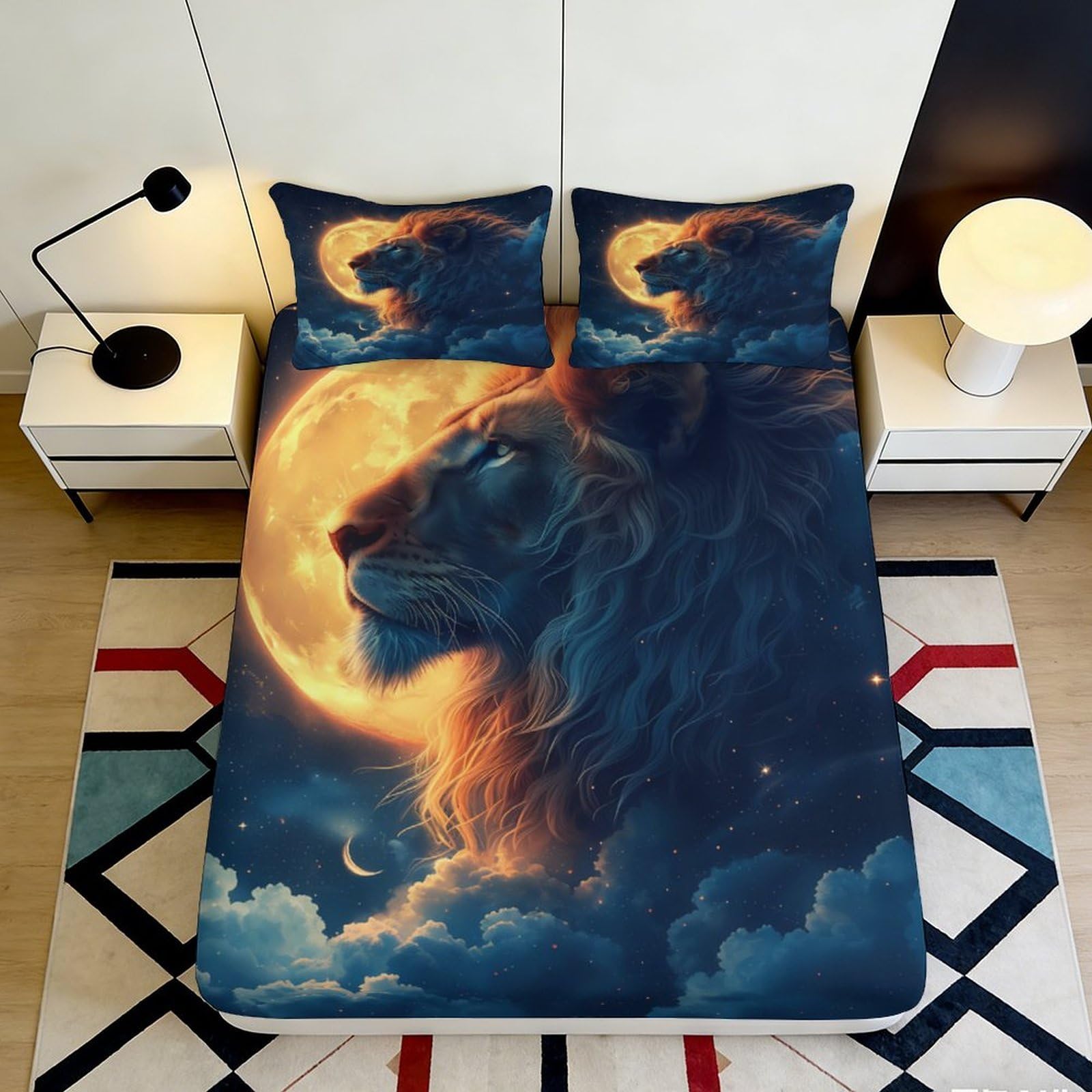 3D Printed Lion Moon Fitted Sheet Microfiber Artistic Bed Cover for Bedroom Dorm Mattress Protection Home Decor 90x200x25cm