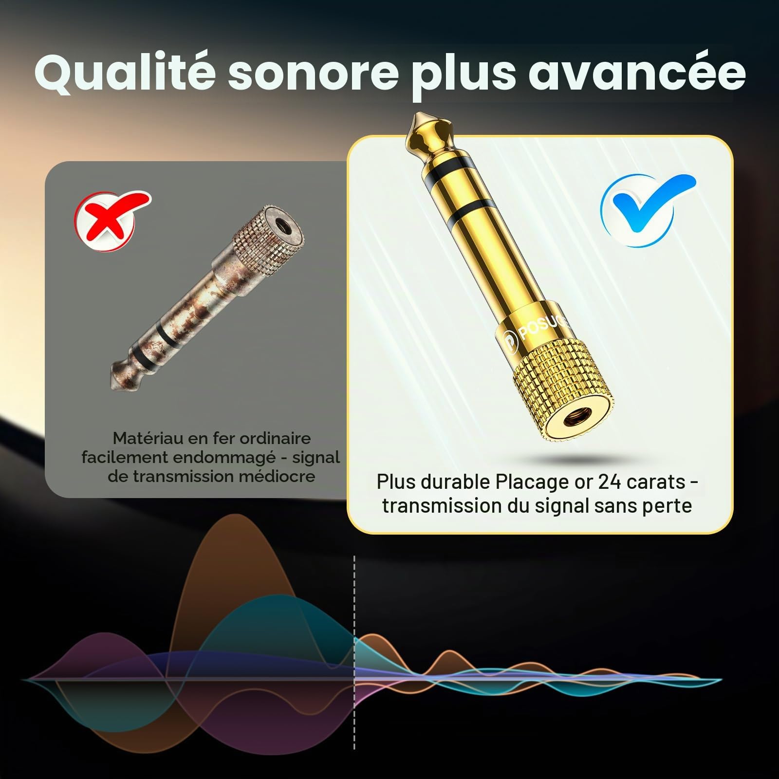 POSUGEAR Adaptateur Jack 6.35 mm Mâle vers 3.5 mm Femelle Audio Connecteur Stéréo Plaqué Or
