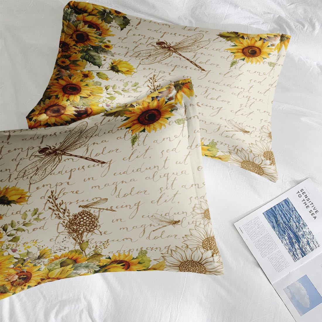 Comforter Set Queen Size, Sunflower Floral Flower Soft 3 Pcs Bedding for Kids and Adults, Dragonfly Vintage Summer Comforter Set with Pillowcase, for Bedroom Bed Decor - Image 7