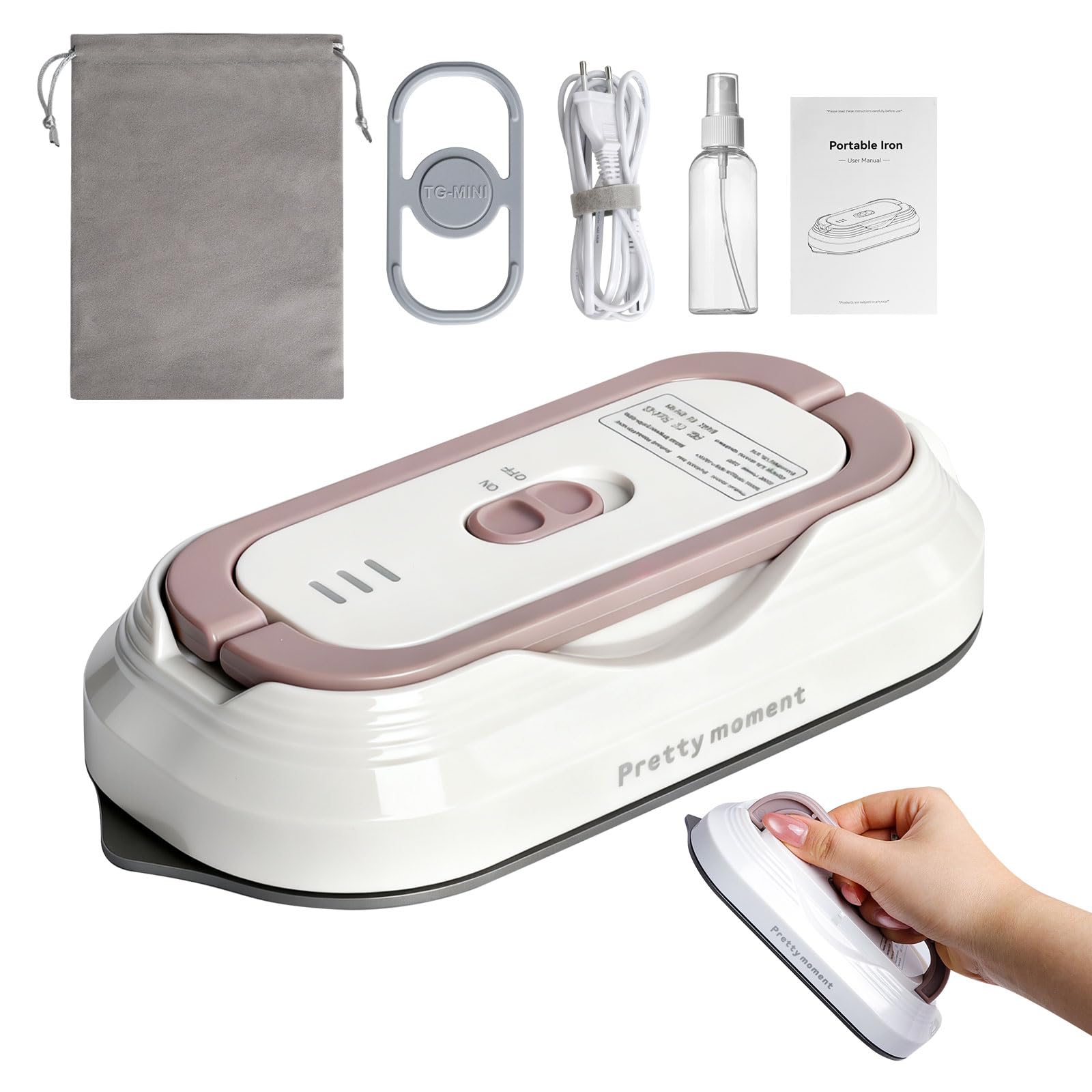 Mini Tragbares Reisebügeleisen mit Universalspannung 100-240V, Klein Bügeleisen Handgerät Kein Dampf, Keramikfläche, 150 °C Heißpress mit Sprühflasche, Beutel und Silikonständer