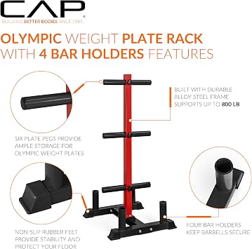CAP Barbell Olympic Bumper Plate Tree Rack with Weight Plate Posts and Barbell Storage Holders Multiple Options Heavy-Duty Steel Gym Organizer for Olympic Plates and Bars