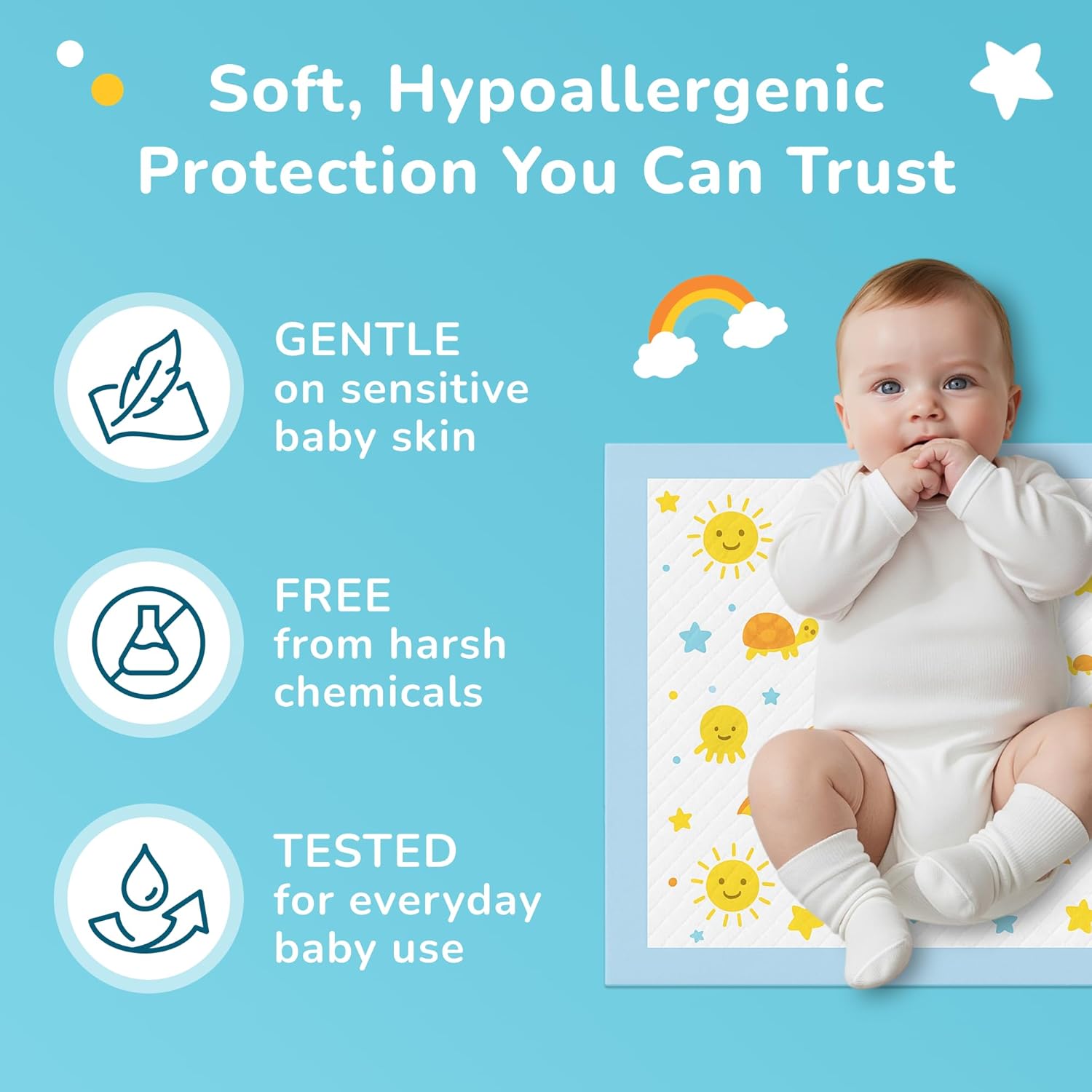 SunnyGuard Disposable Changing Pads for Baby 13 x 18 Inches, 50 Diaper Changing Pad with Unique Design & 6 Layers of Protection for Nursery Use, Travel Changes & Pee Pad Protection, 33 x 46 CM