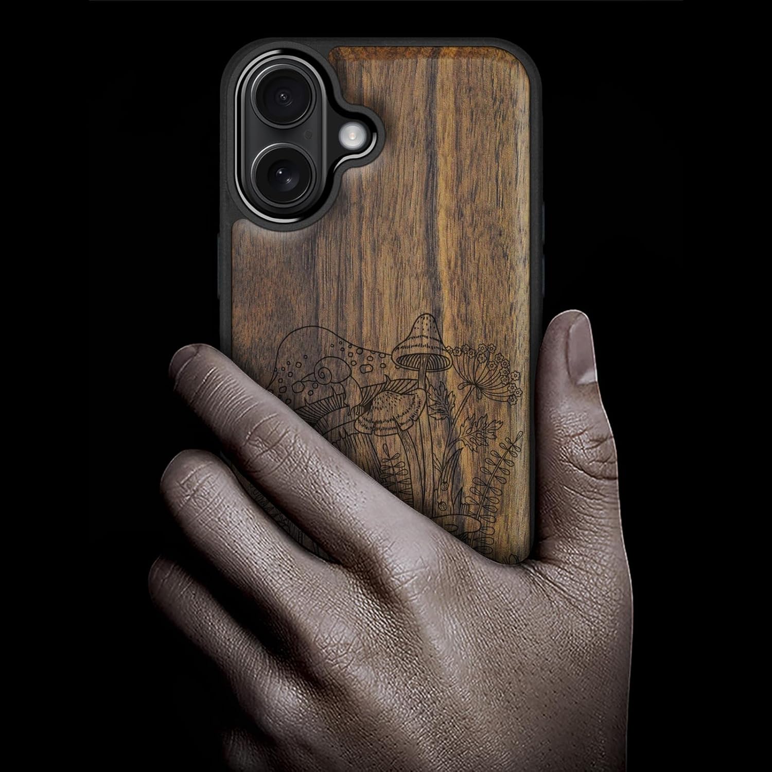 Carveit Magnetic Wooden Case for iPhone 17 Case, Wood Artisan Engraved & Black Soft TPU Shockproof Cover, Compatible with MagSafe Wireless Chargers (Vintage Mushrooms) Walnut