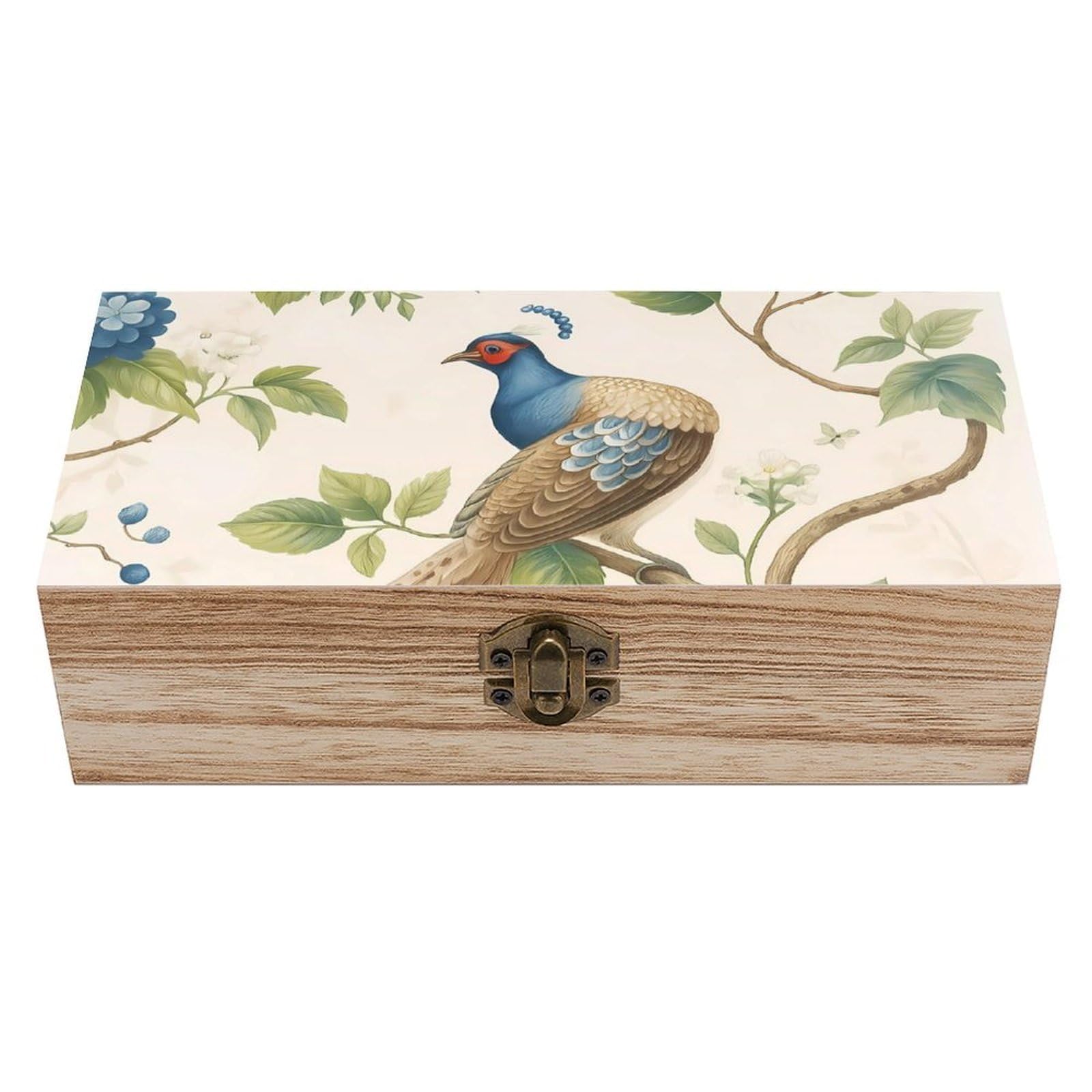 HLBSDM Vintage Peahen on Branch with Flower Retro Wooden Storage Box Jewelry Art Gift Boxs Decorative Keepsake Boxes