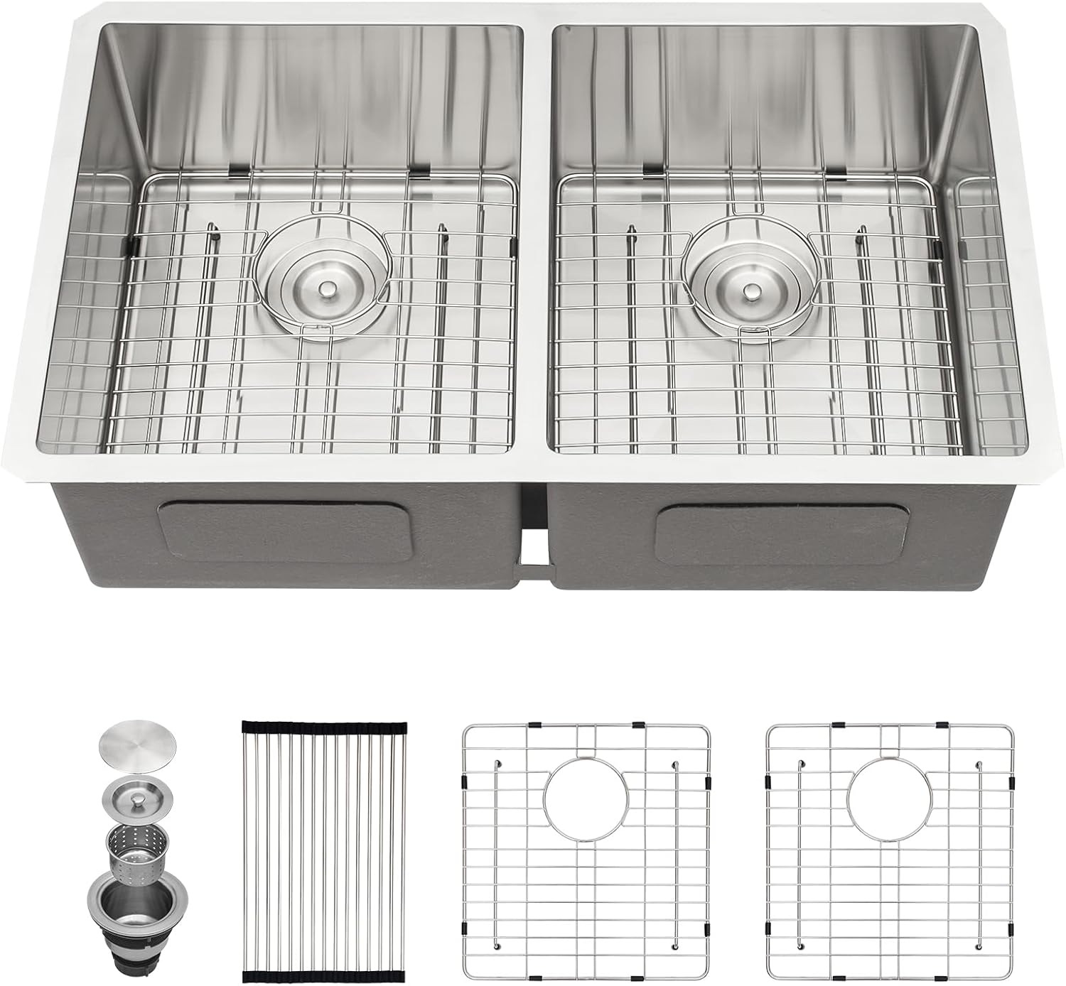 33 Inch Undermount Kitchen Sink Stainless Steel 16 Gauge Double Bowl 50/50 Under Counter Sink Basin, Rectangular,33"x19x"9"