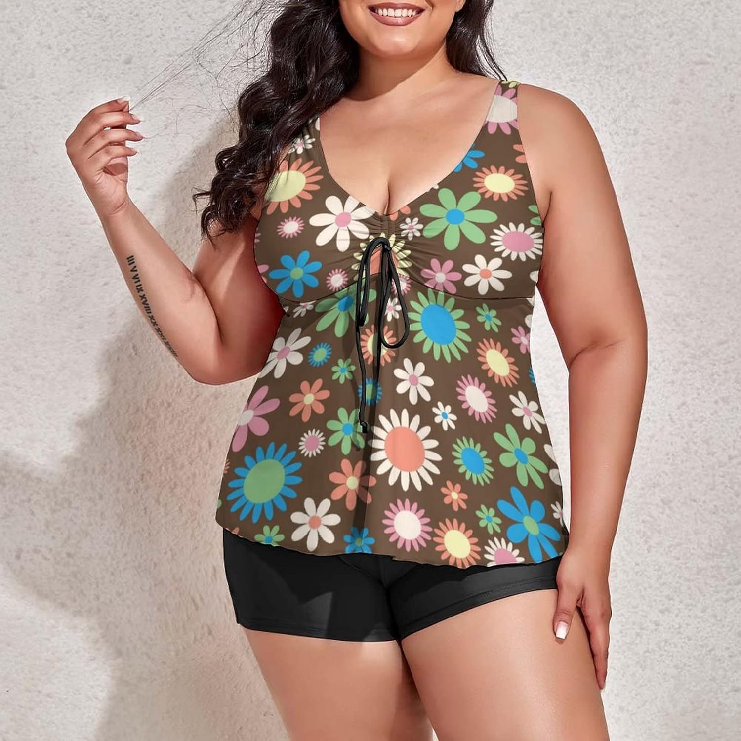 Two Piece Plus Size Tankini Swimsuits for Women Colorful Floral Flower Seamless Pattern Bathing Suit with Boyshort Spring Summer Flower Tummy Control Swimwear