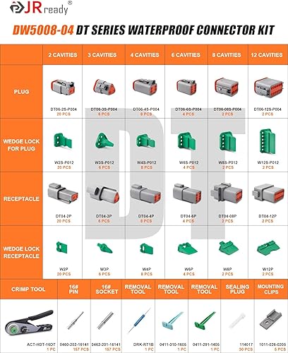 Miniatura 9 de JRready Kit de conectores Deutsch con engarzador, 2 3 4 6 8 12 pines DT IP68 conectores, tamaño 16 contactos sólidos 16-20AWG, herramienta de