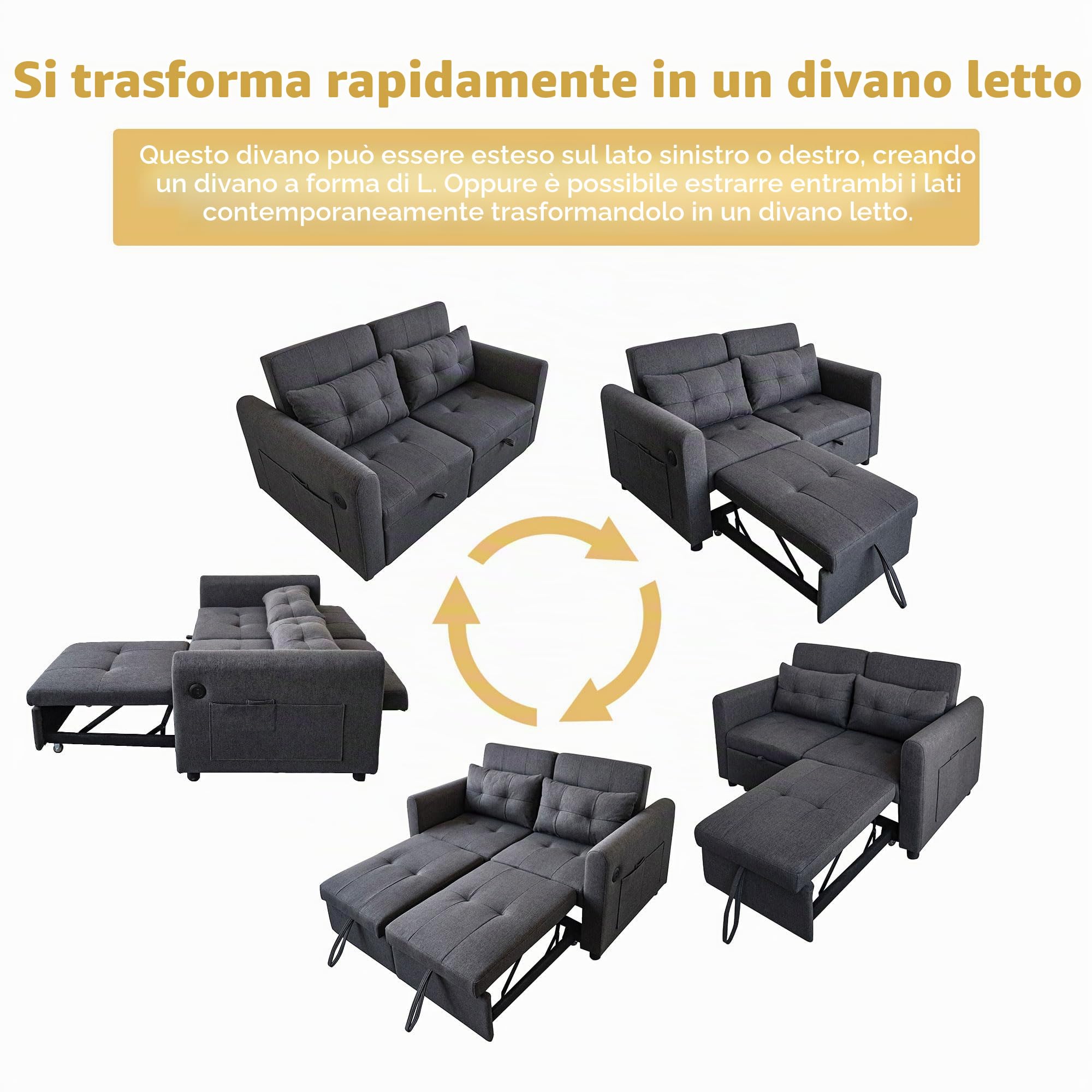 Azkoeesy Divano letto allungabile a 2 posti con funzione letto, larghezza 140 cm, con stazione di ricarica USB, schienale regolabile, 2 cuscini, tasca laterale, adatto per soggiorno, camera da letto