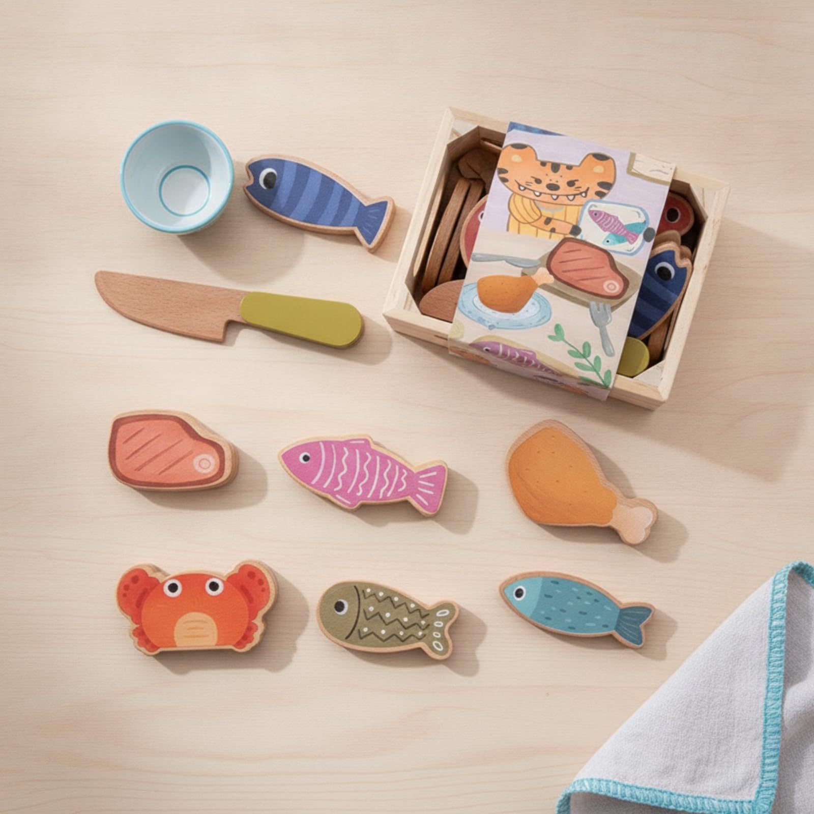 Sharplace Children Kitchen Playthin Kit de Alimentos de Madera Juguete de Cocina para Niños Caja Sólida con Tapa Ilustrada Cuchillo Juguete Piezas de Comida, Postres